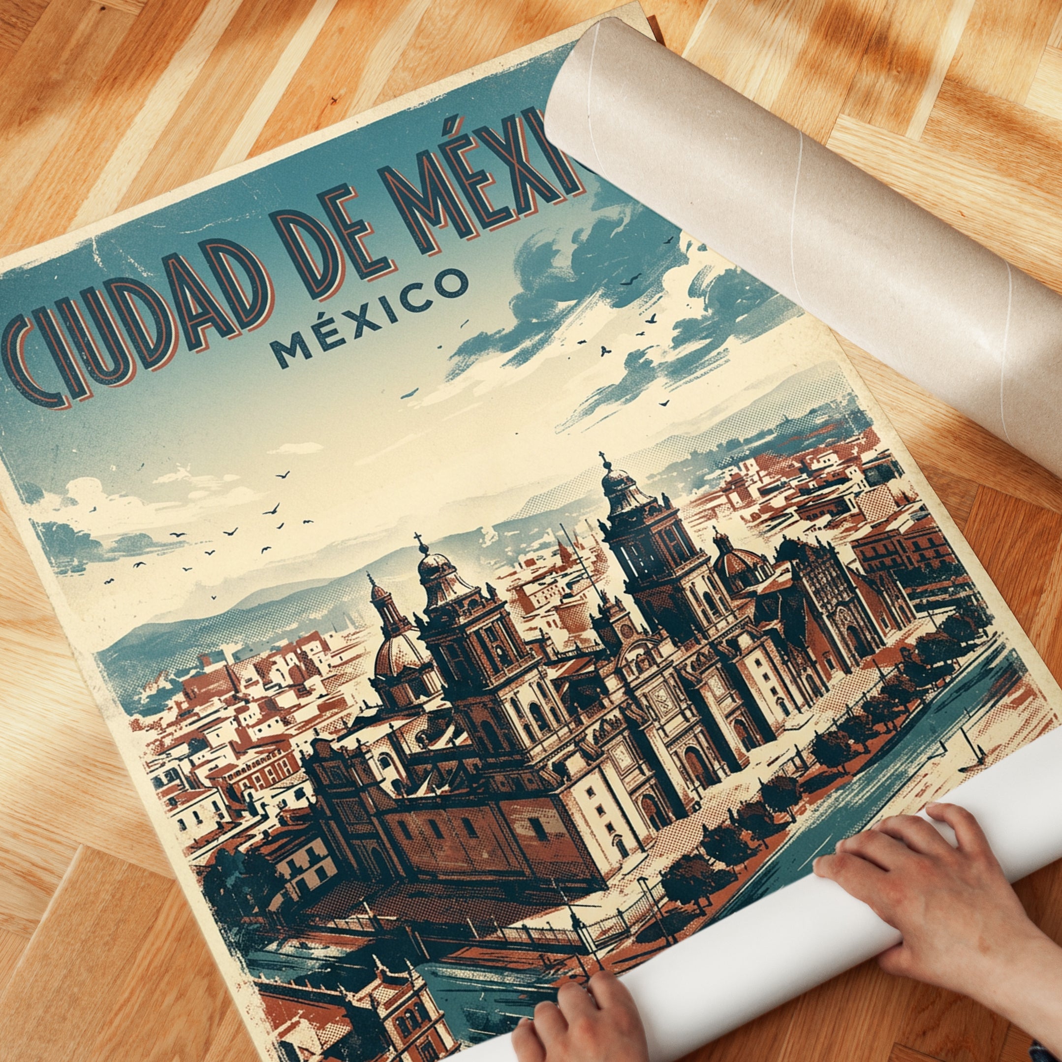 Mexico City Cathedral Vintage Travel Poster – Mid-Century Modern - detail