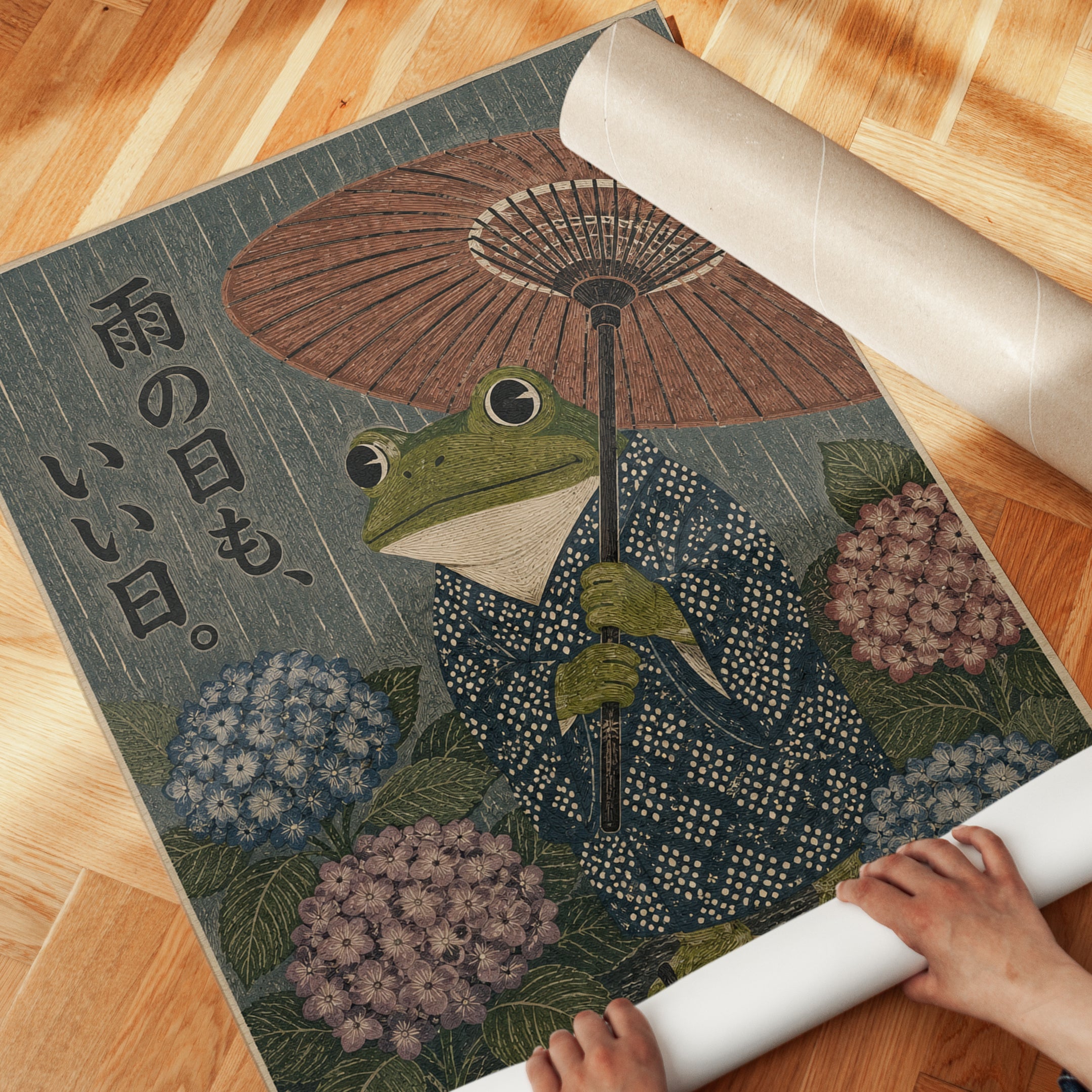 Japanese Frog Wall Art – Hydrangea Rain Print - detail