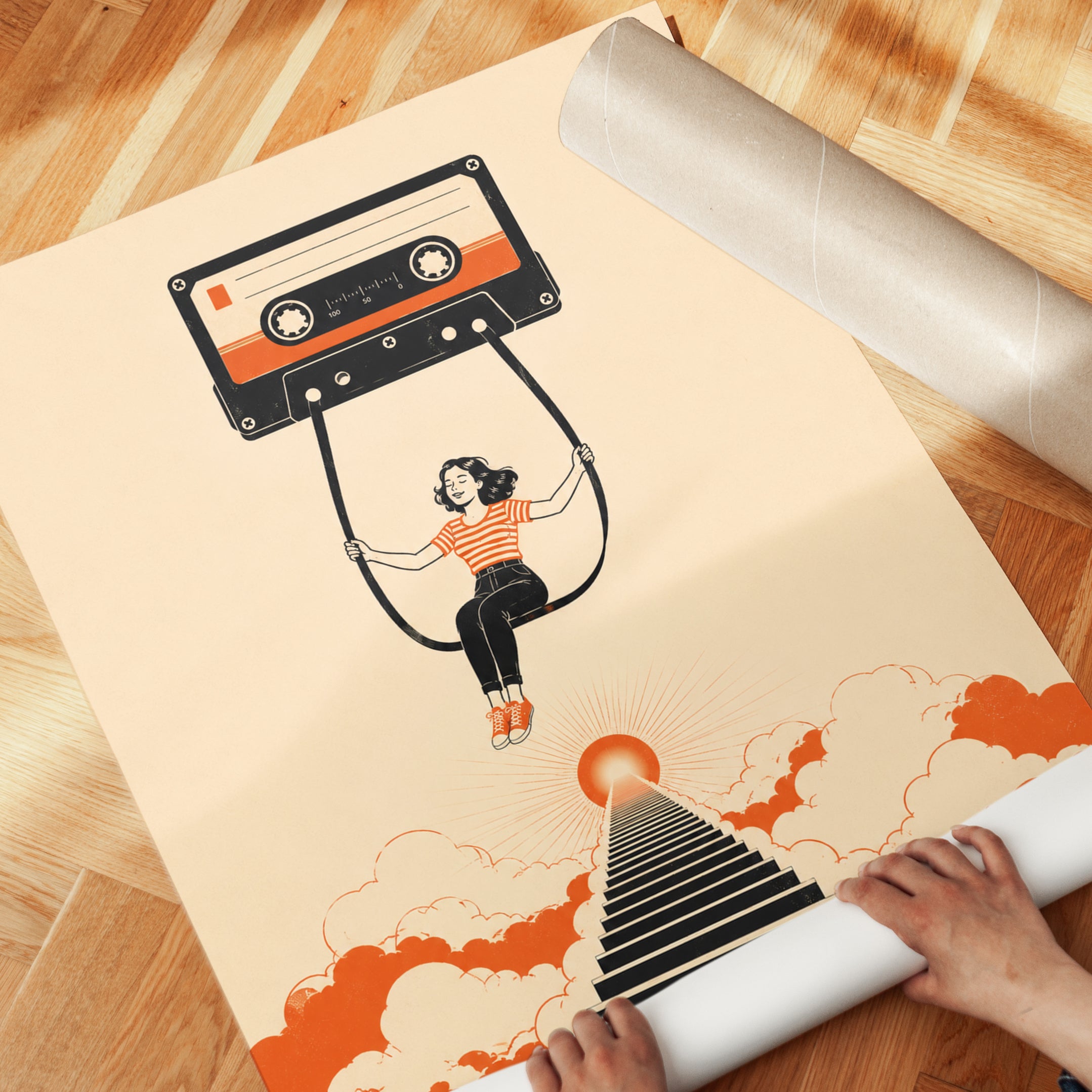 Cassette Tape Swing Art Print: Retro Music Nostalgia in Orange - detail