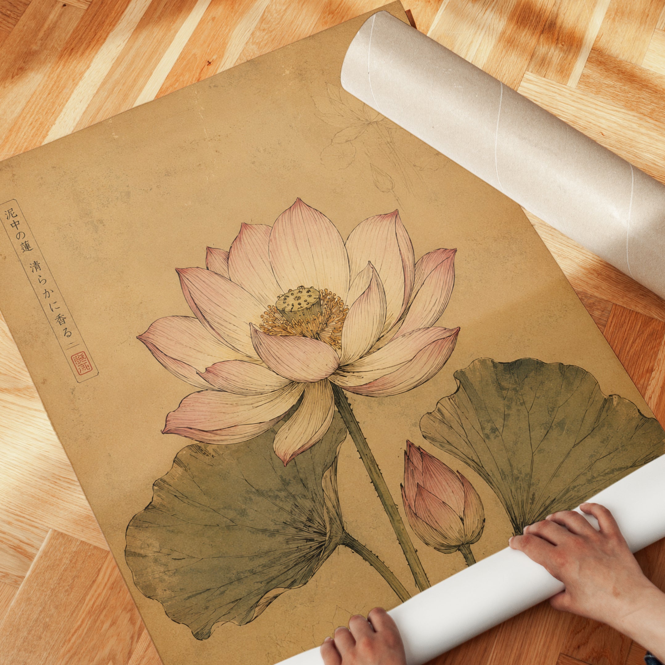 Vintage Lotus Botanical Print — Asian Watercolor Art - detail