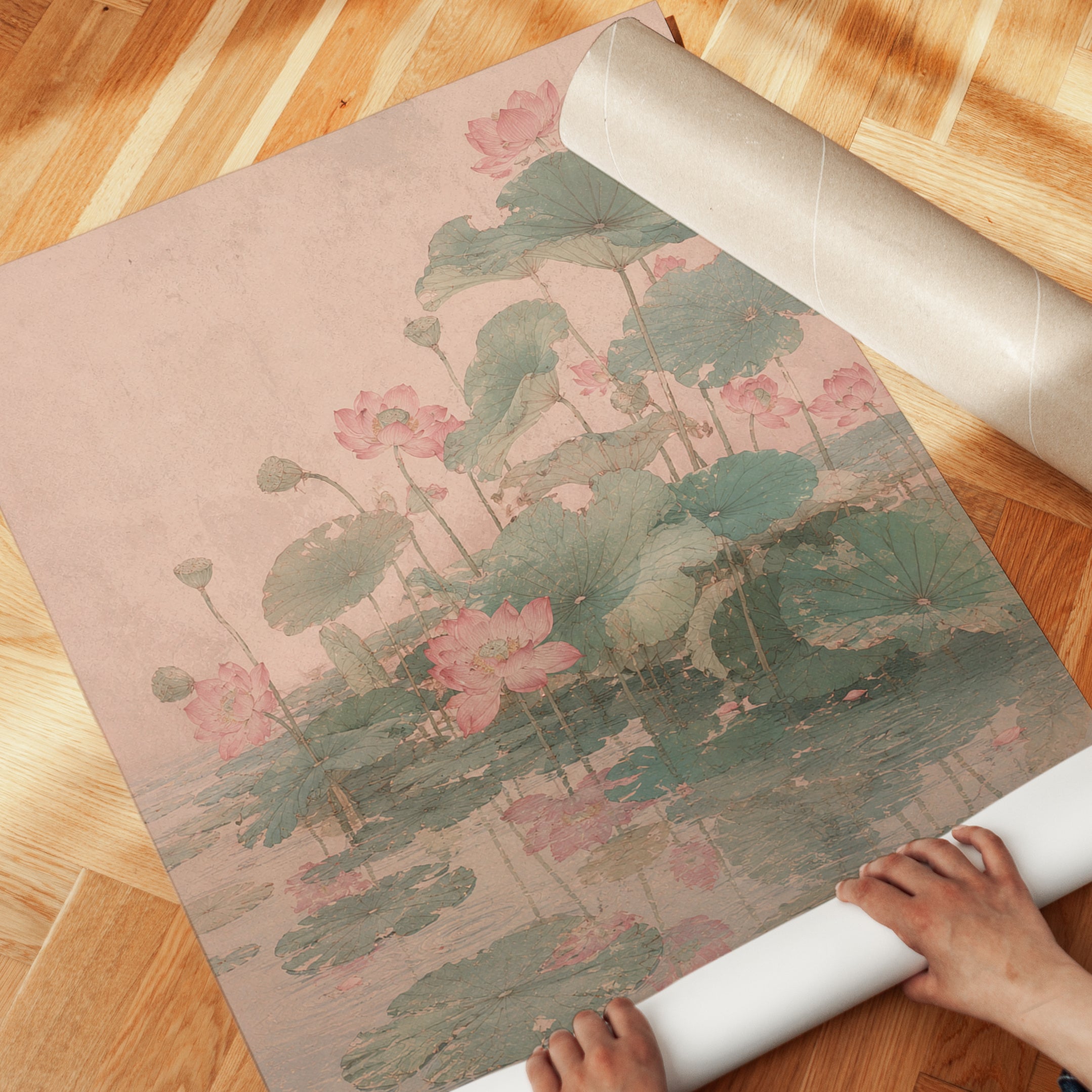 Lotus Flowers and Lily Pads: Traditional Asian Botanical Art Print - detail