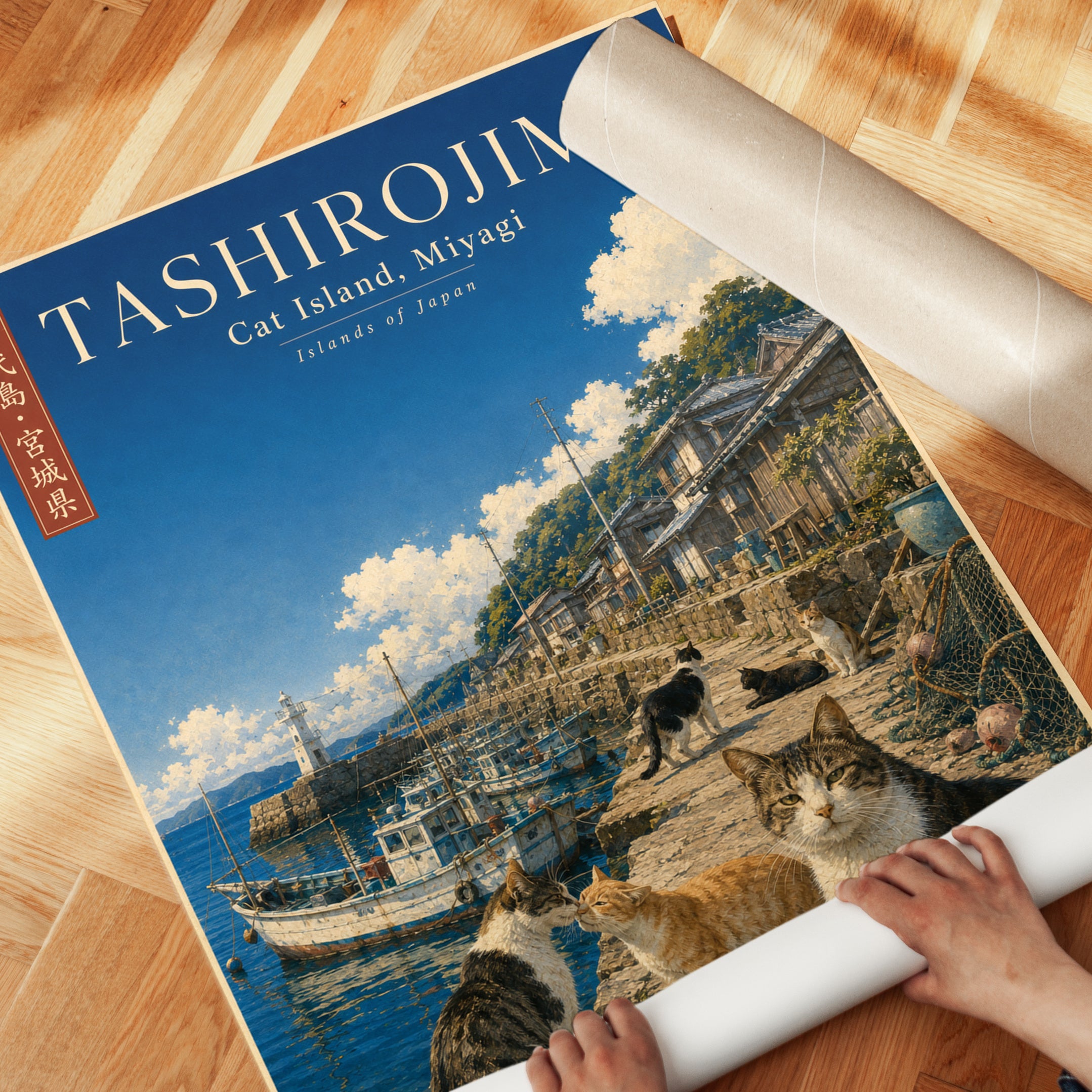 Japanese Cat Island Print: Tashirojima Vintage Travel Poster - detail