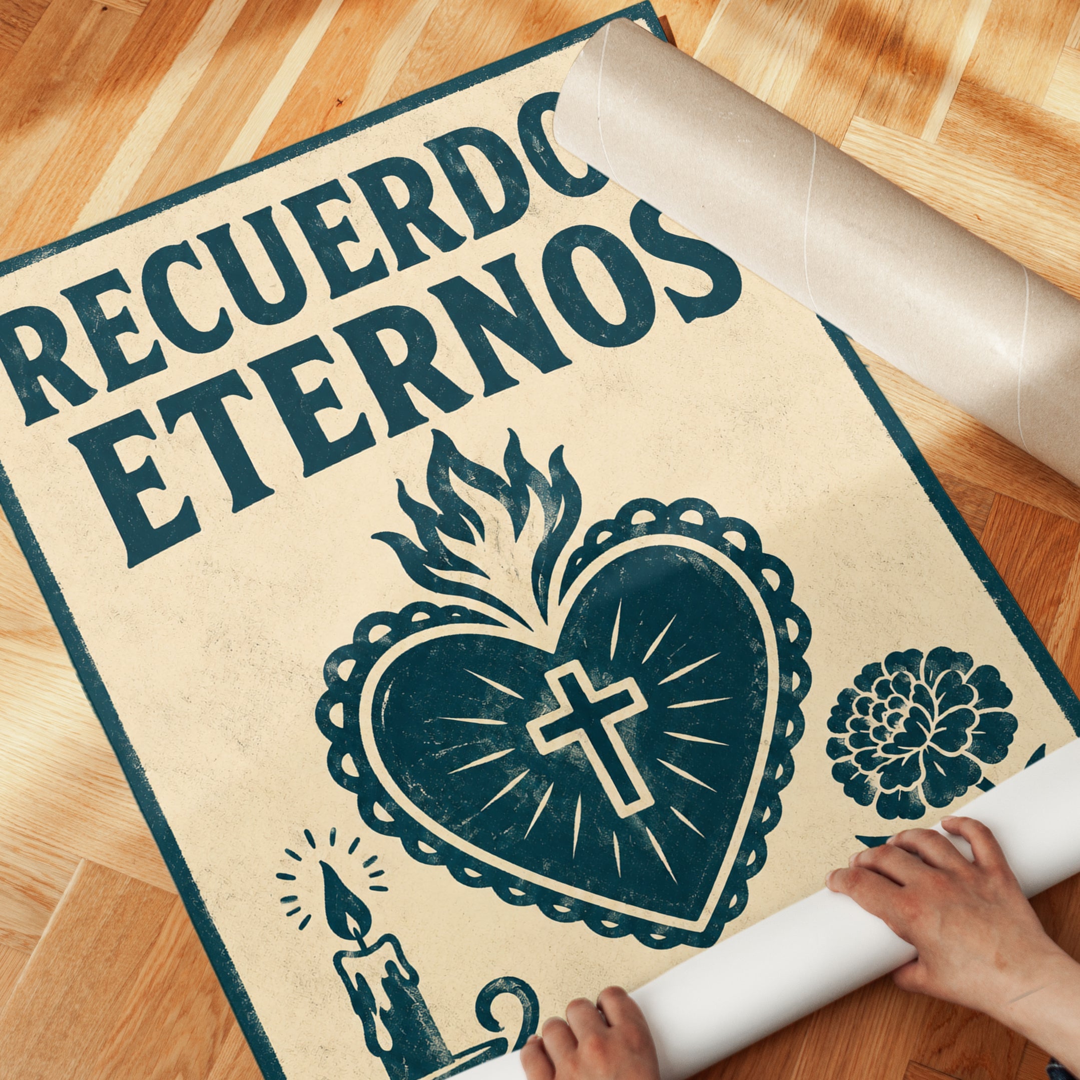 Recuerdos Eternos Sacred Heart Print: Mexican Folk Art Poster - detail