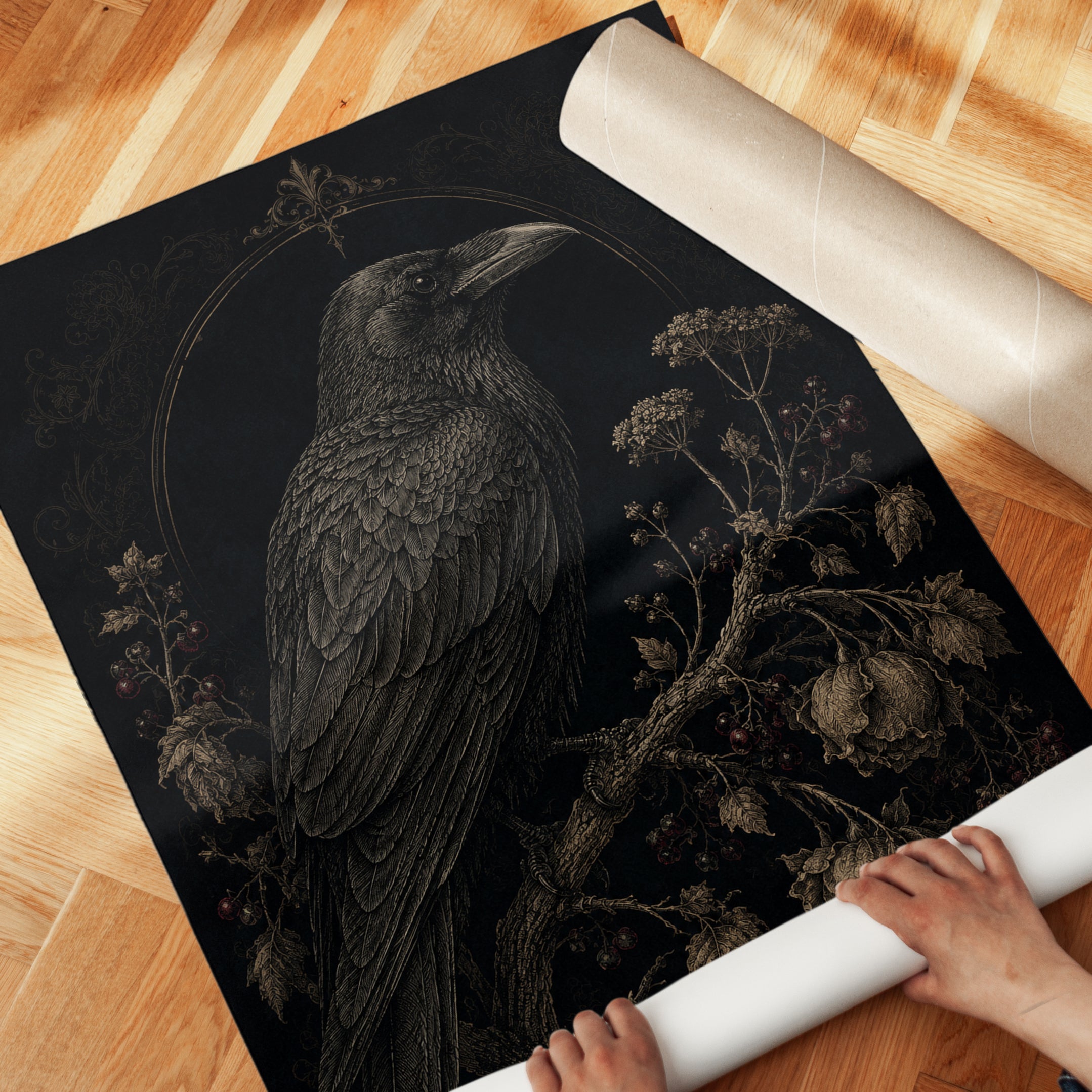Raven Wall Art – Gothic Bird Print - detail