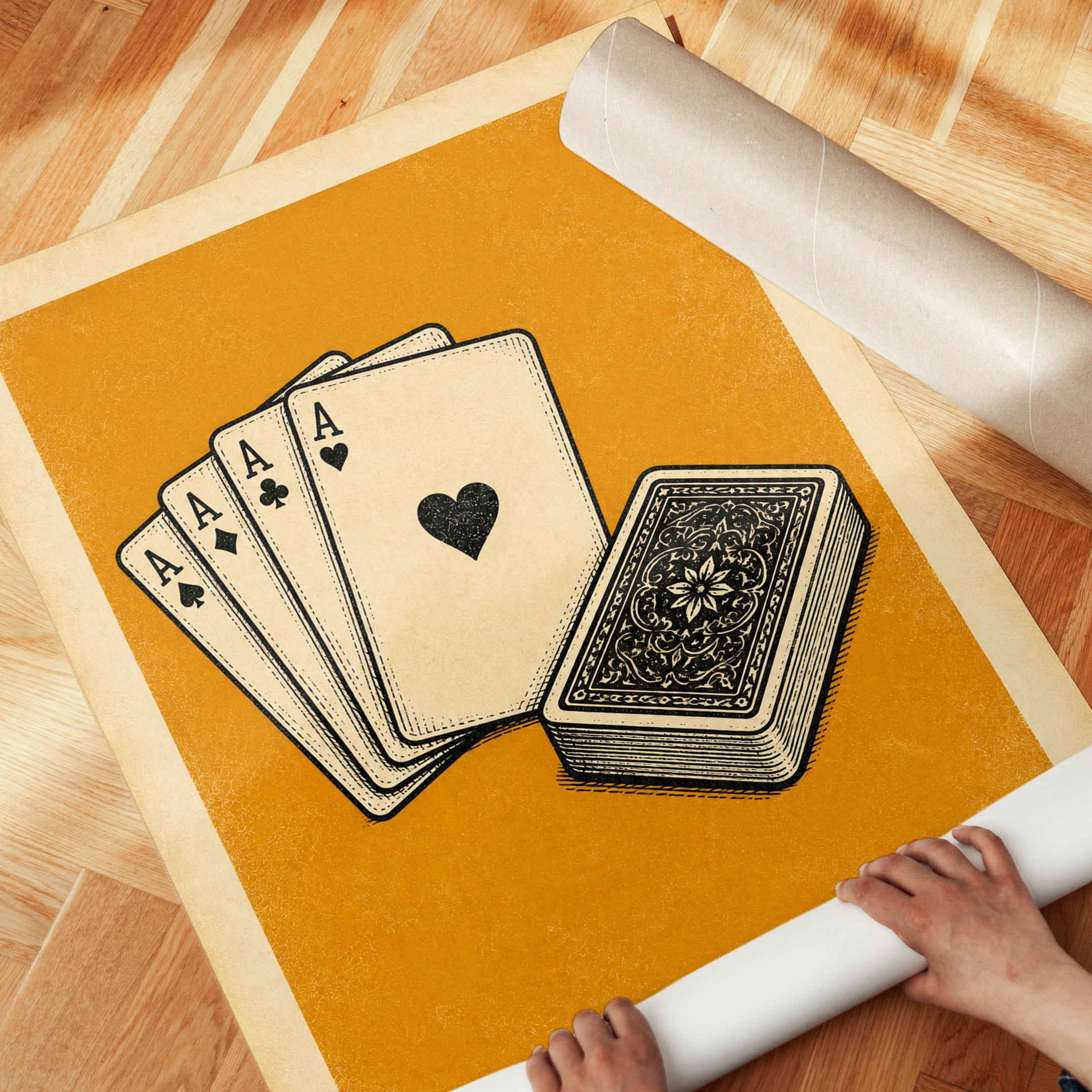 Vintage Poker Aces Playing Cards: Retro Orange Wall Art - detail