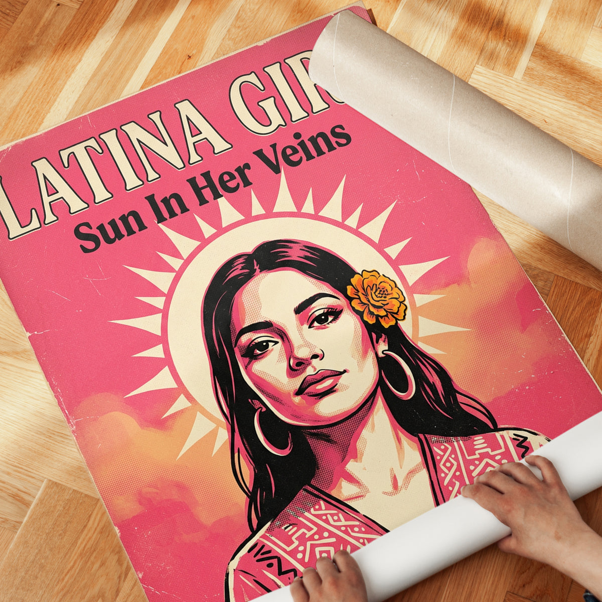 Latina Girl Retro Poster: Pink and Orange Portrait Wall Art - detail