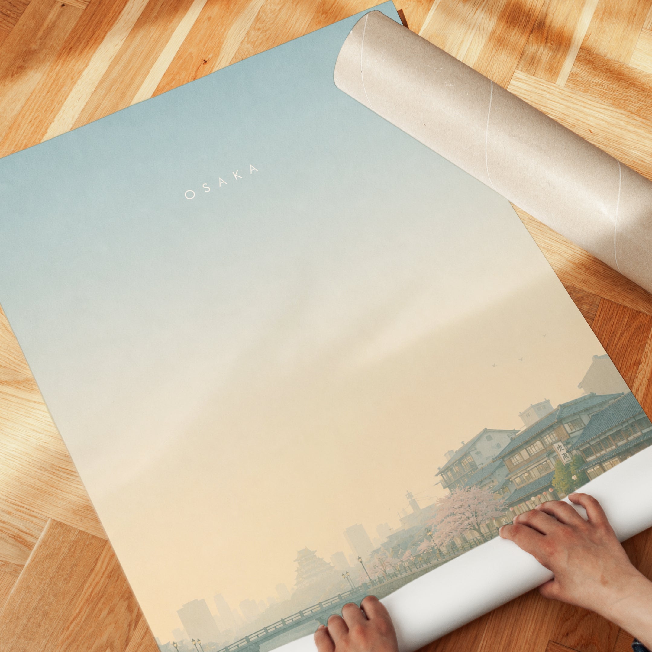 Osaka Cherry Blossom River View: Minimalist Japanese Art Print - detail
