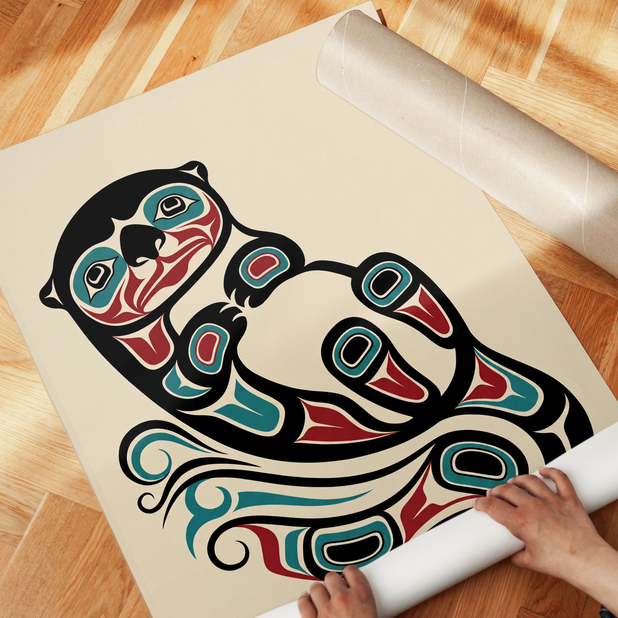 Otter Art Print: Pacific Northwest Coast Formline (Teal and Red) - detail