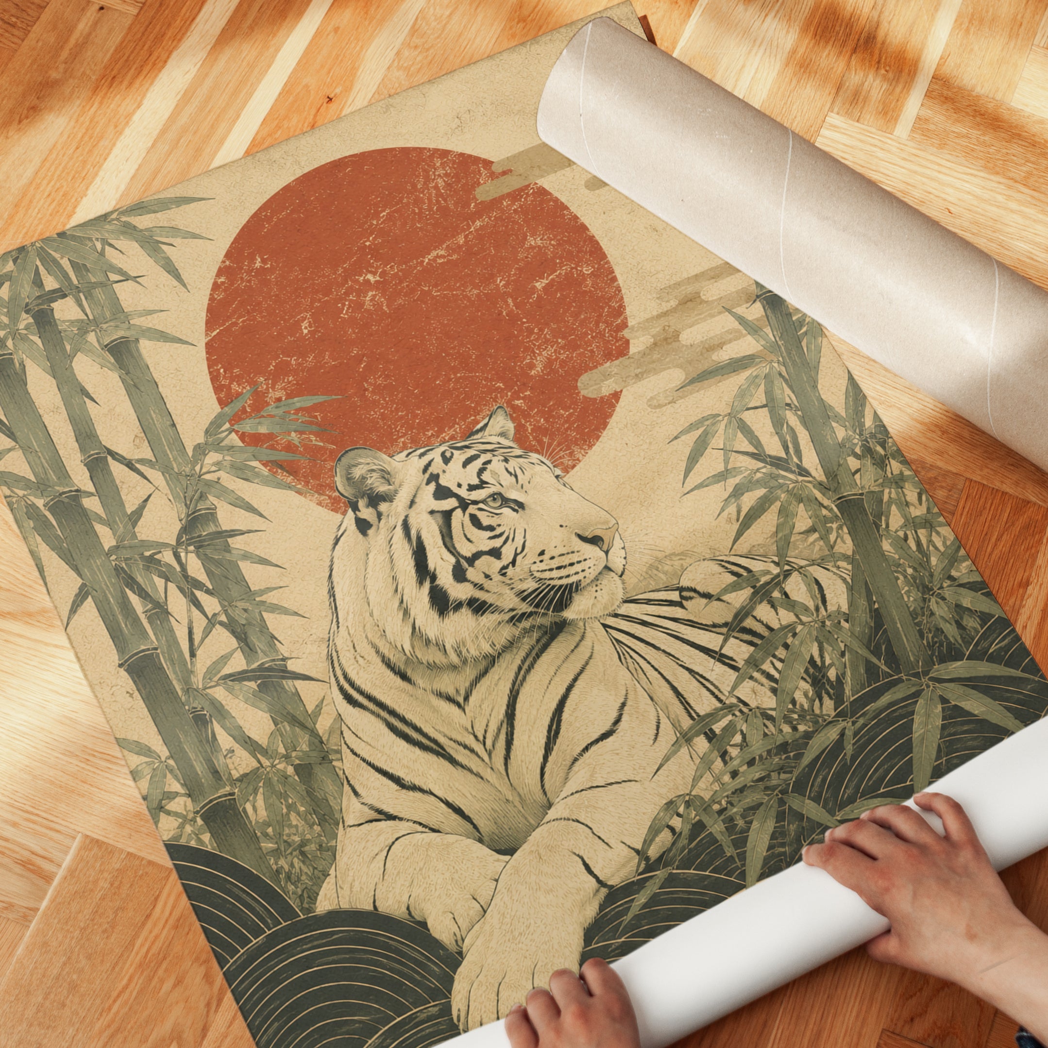 White Tiger Art Print: Japanese Vintage Style With Red Sun - detail