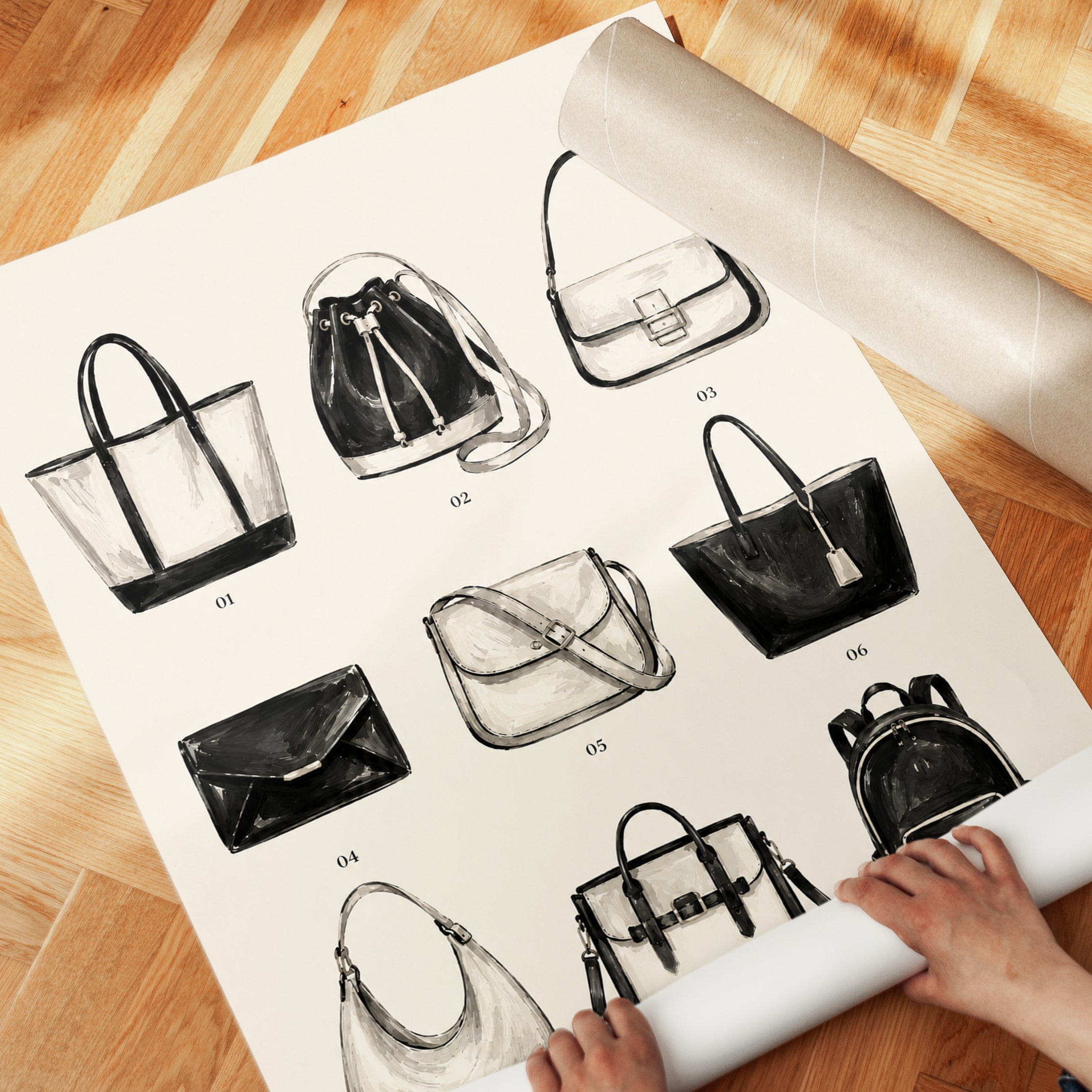Fashion Handbag Collection Art Print: Black and White Study - detail