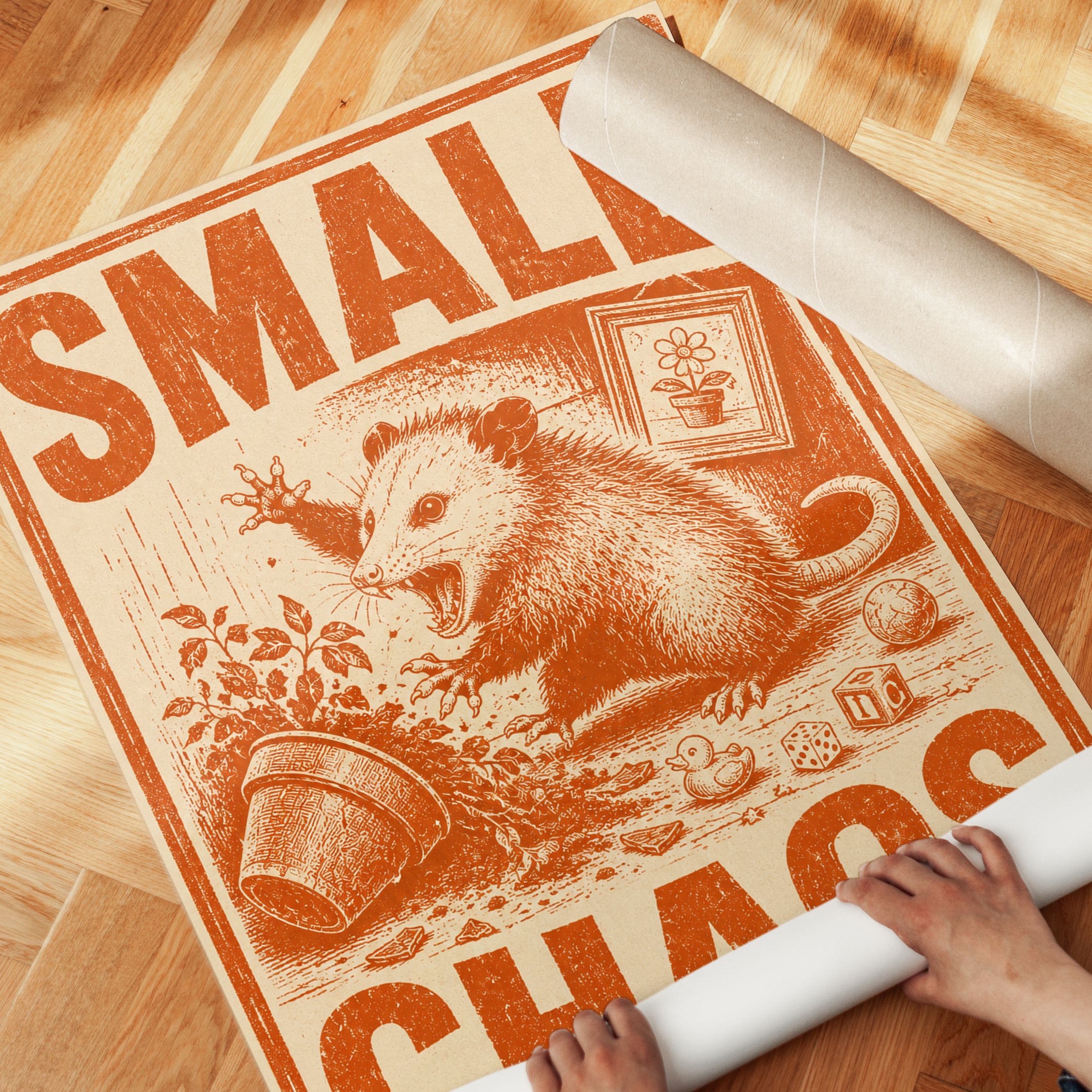 Opossum Vintage Print: Small Chaos Retro Wall Art - detail