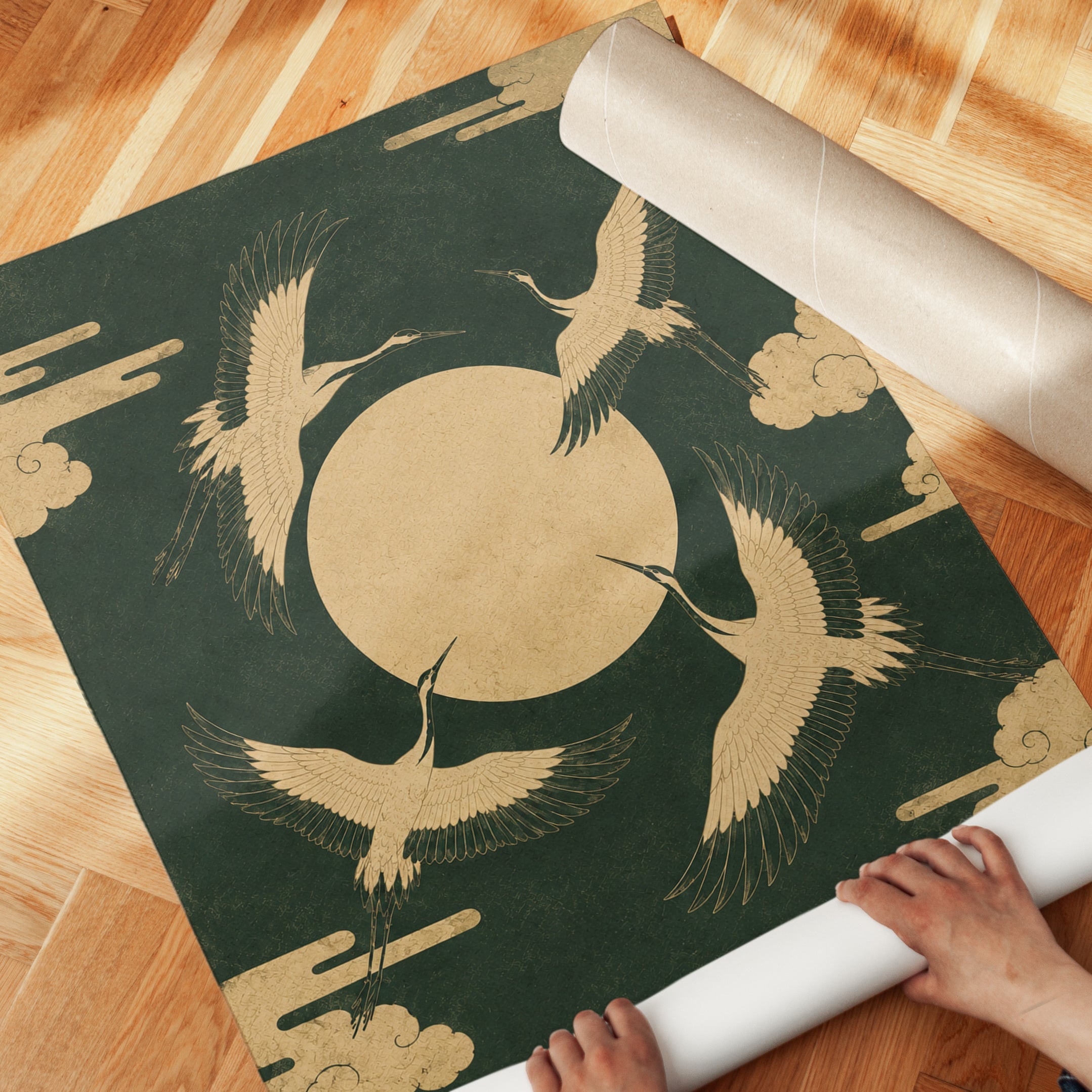 Japanese Cranes and Moon Art Print: Traditional Gold Green Design - detail