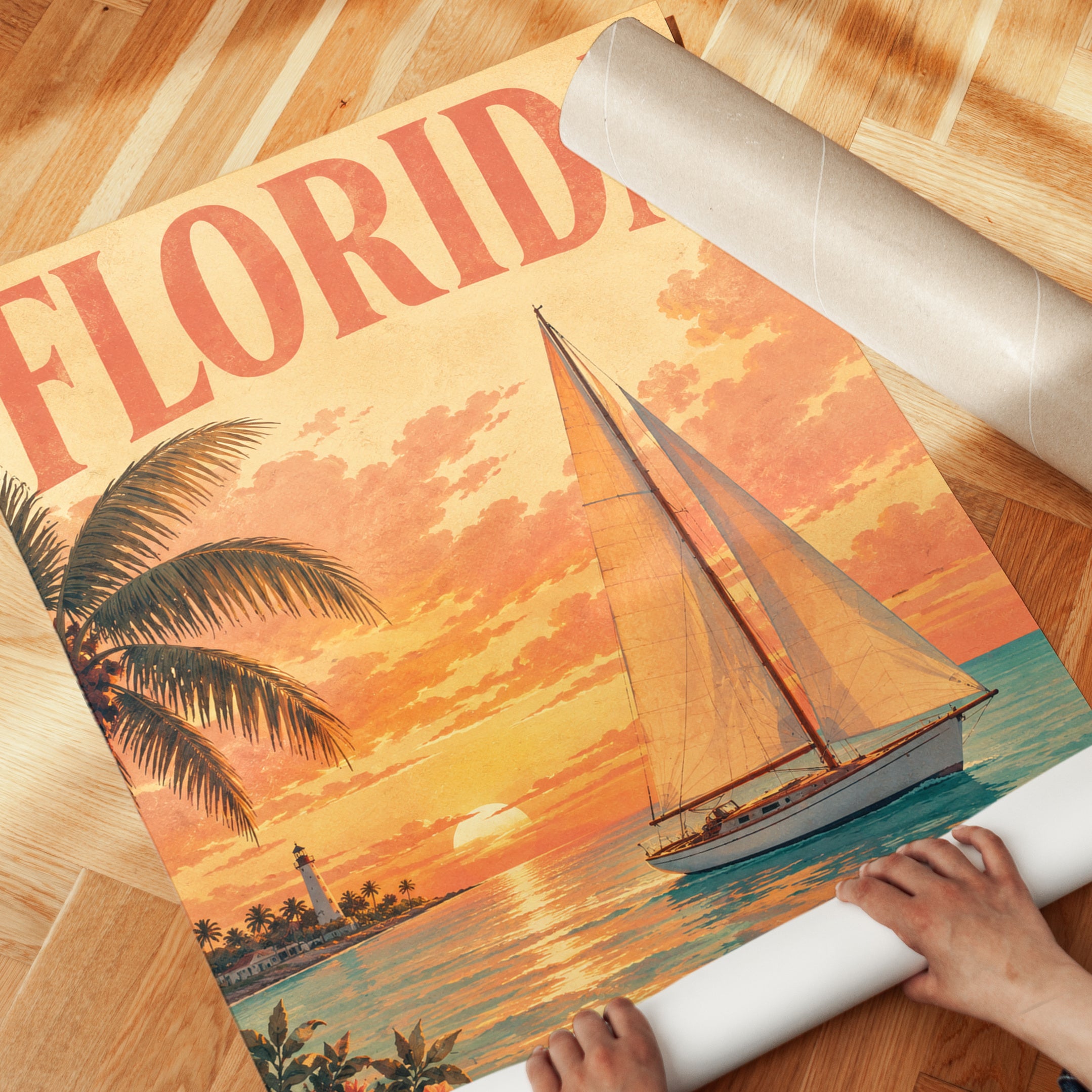 Florida Sunset Sailboat Poster: Vintage Travel Art Print - detail