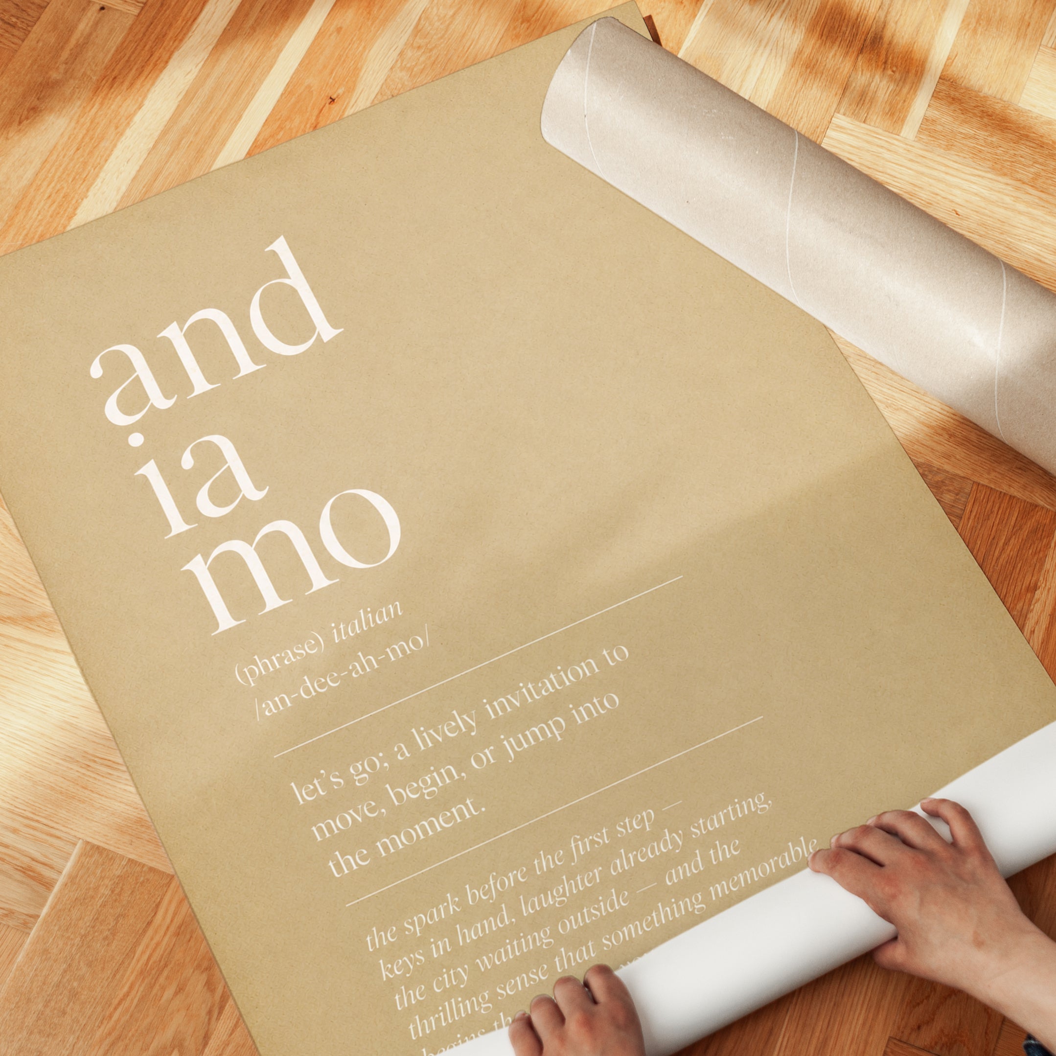 Andiamo Italian Phrase Print: Minimalist Beige Typography Art - detail