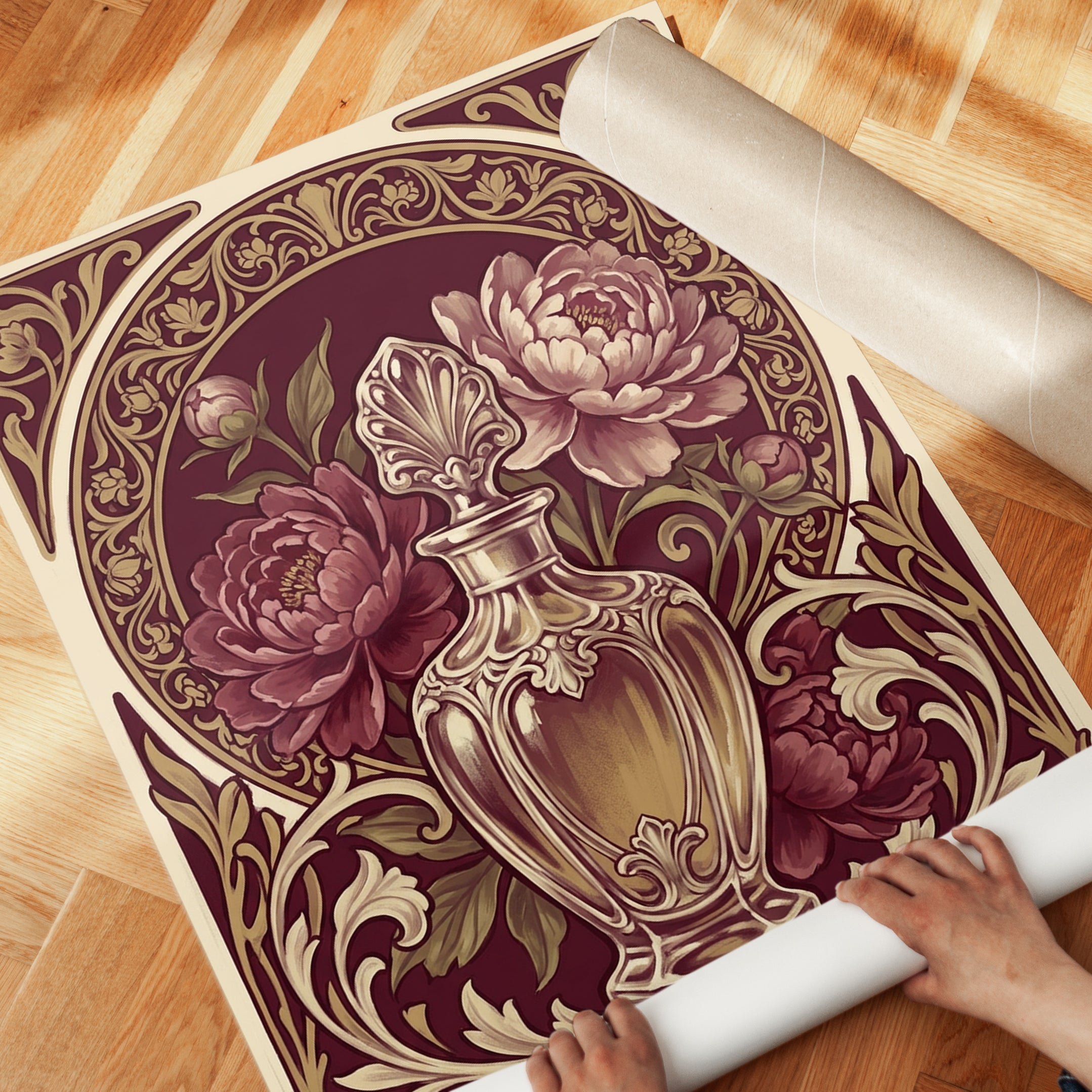 Art Nouveau Vase Print – Burgundy Gold Floral Urn - detail