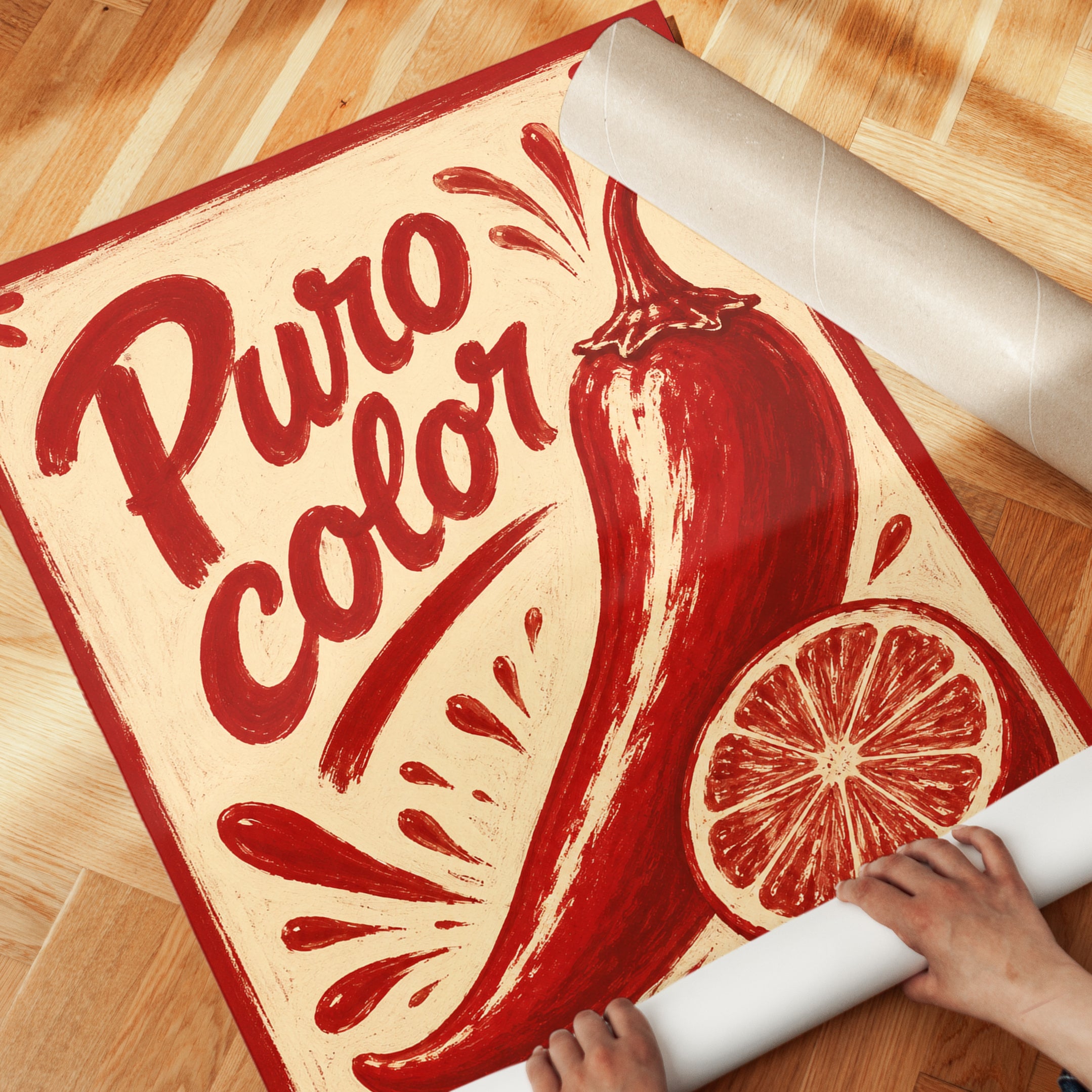Puro Color Chili Pepper Print: Retro Red Kitchen Wall Art - detail