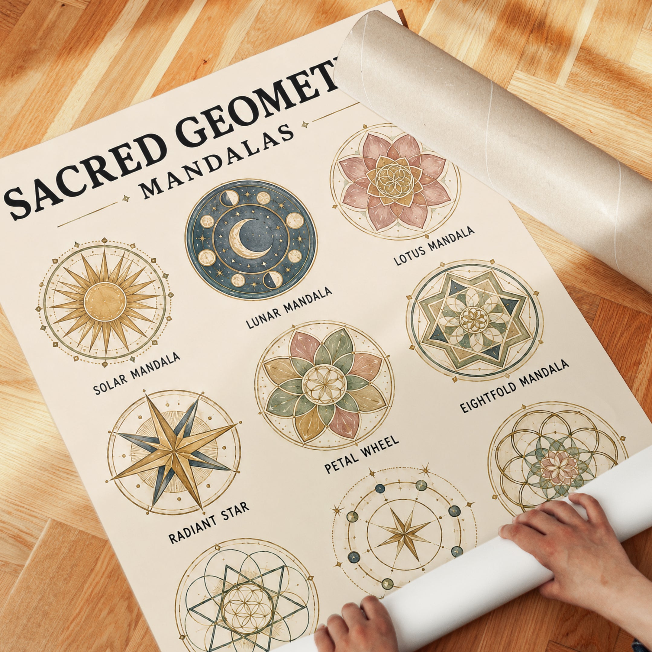 Sacred Geometry Mandala Print — 9 Spiritual Symbols Chart - detail