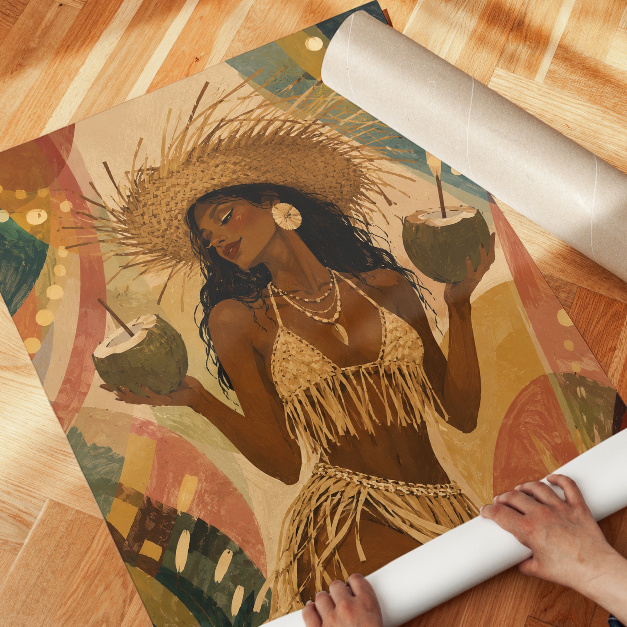 Tropical Beach Woman with Coconuts Art Print: Warm Bohemian Style - detail