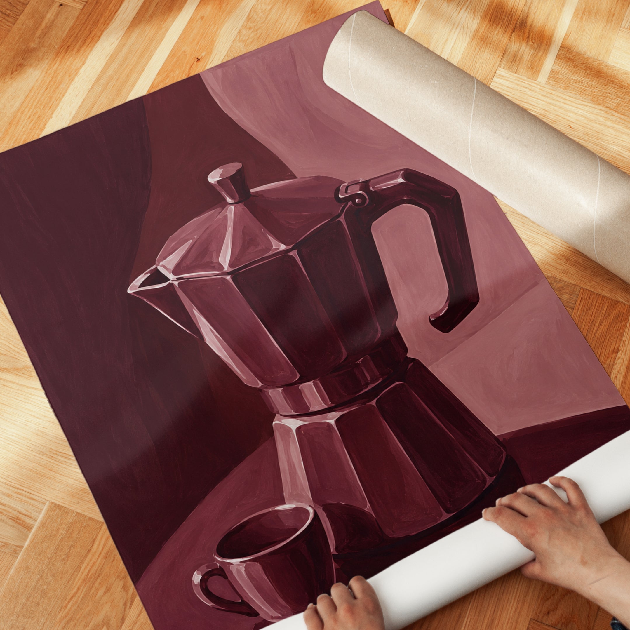 Moka Pot Still Life Art Print: Monochromatic Burgundy - detail