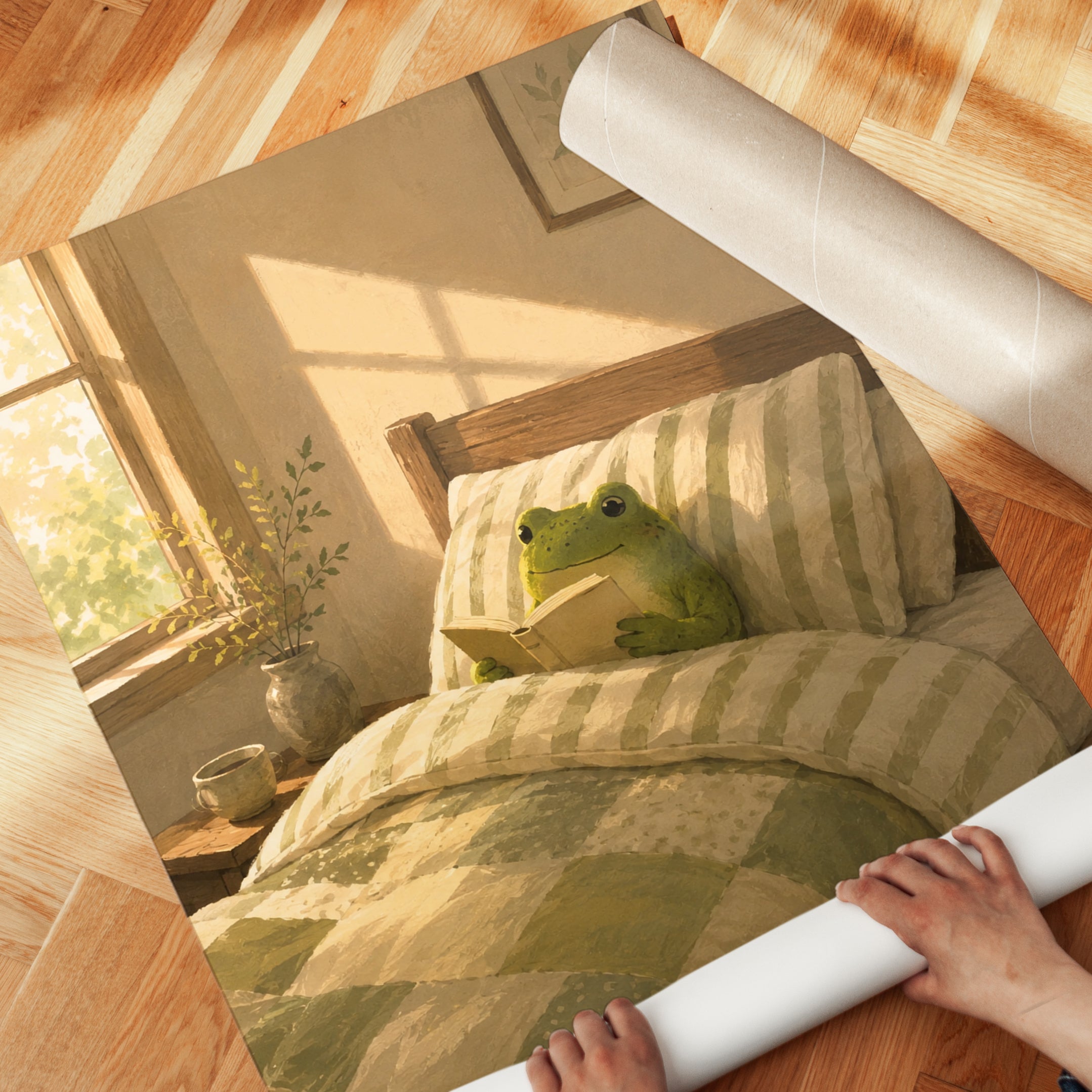 Frog Reading Bedroom Art – Cozy Morning Print - detail