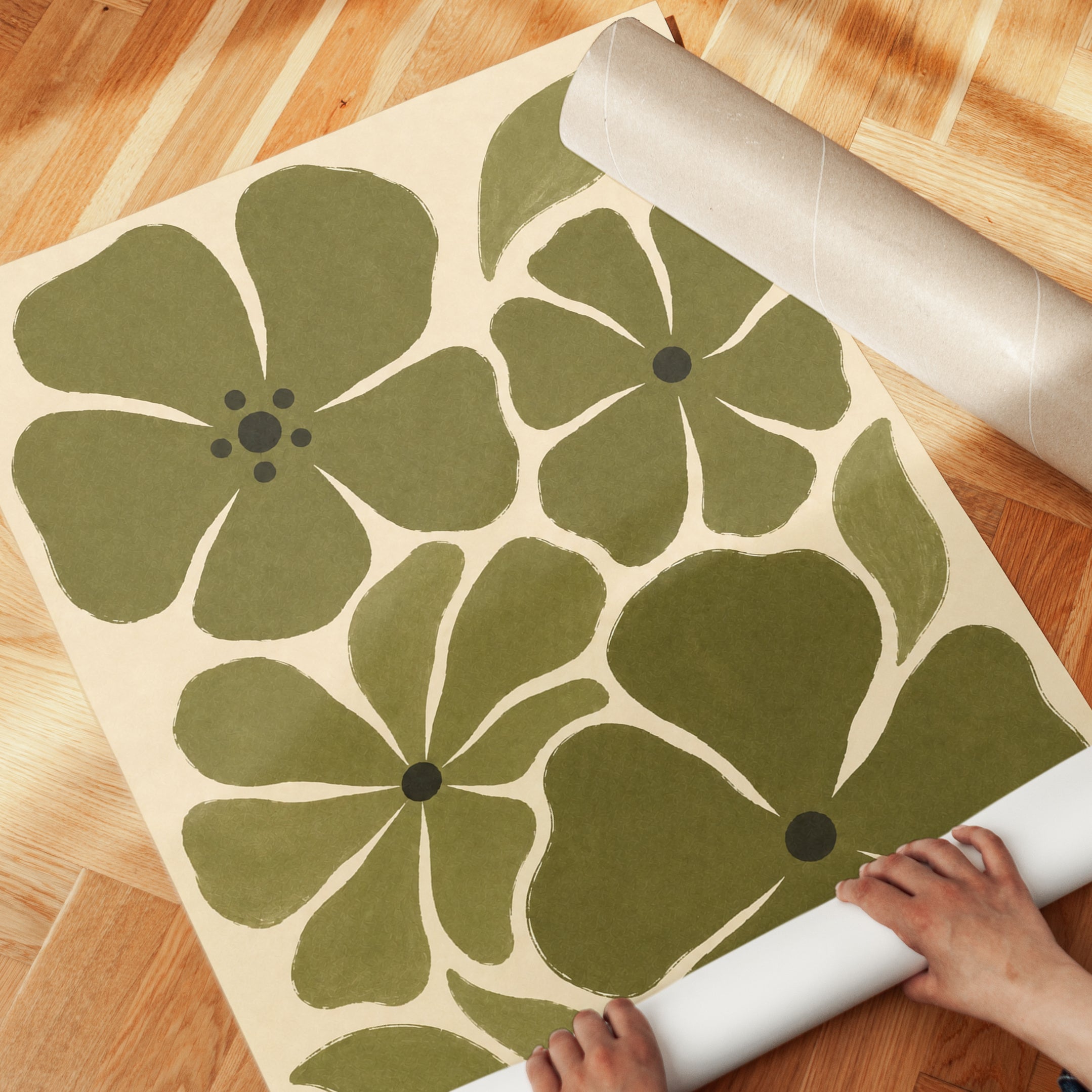 Olive Green Floral Poster: Mid-Century Modern Botanical Art - detail