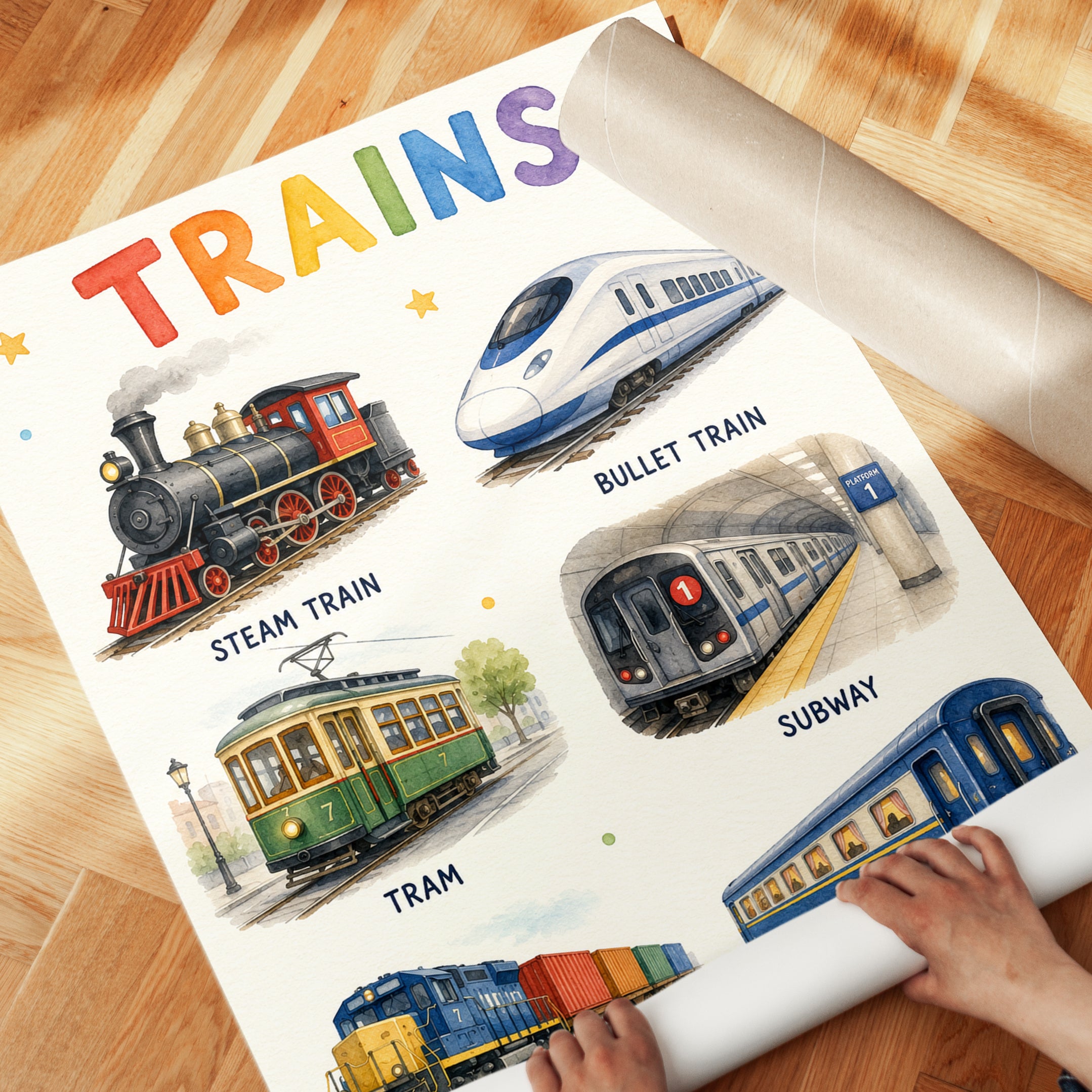 Train Wall Art: Watercolor Educational Print - detail