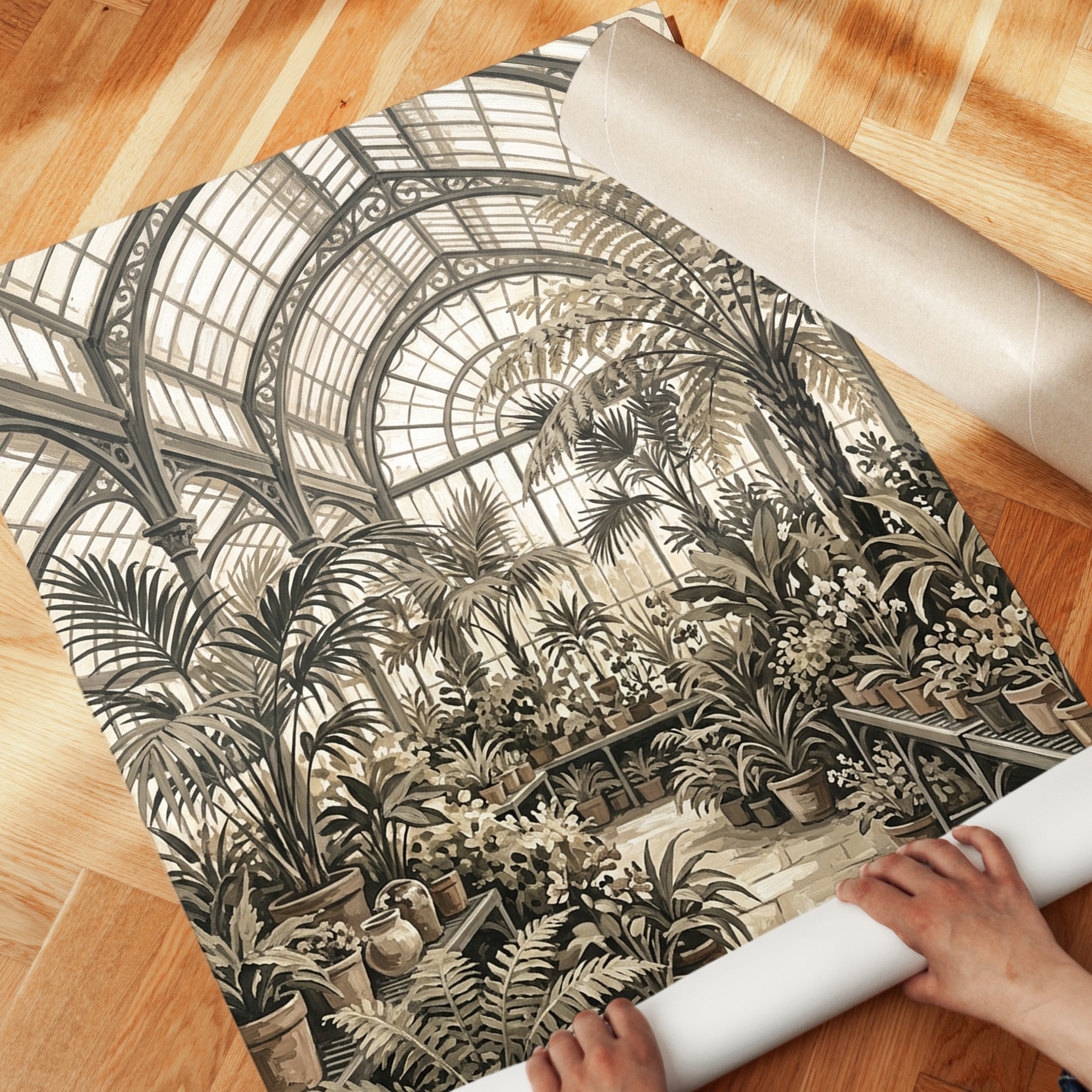 Victorian Conservatory Print: Sepia Botanical Greenhouse Art - detail