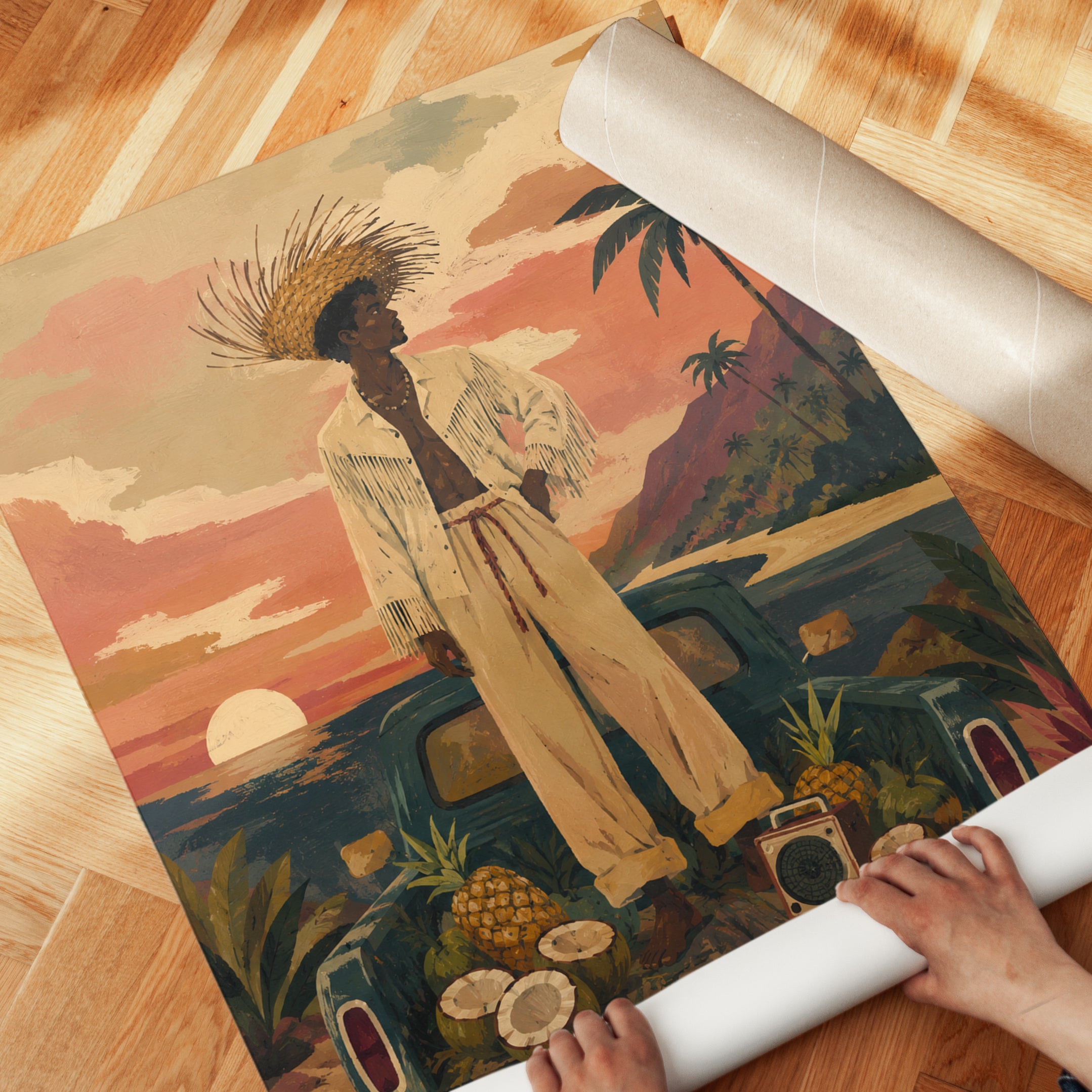 Tropical Sunset Vintage Truck Art Print: Retro Beach Scene - detail