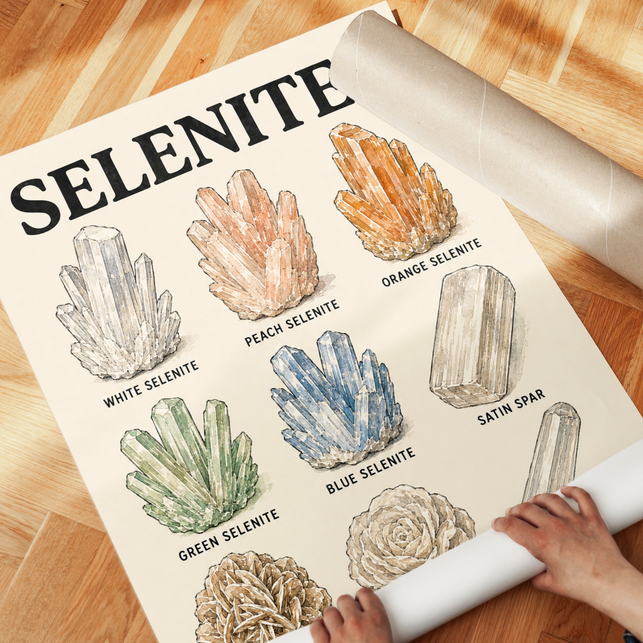 Selenite Crystal Chart Print — Educational Mineral Illustration - detail