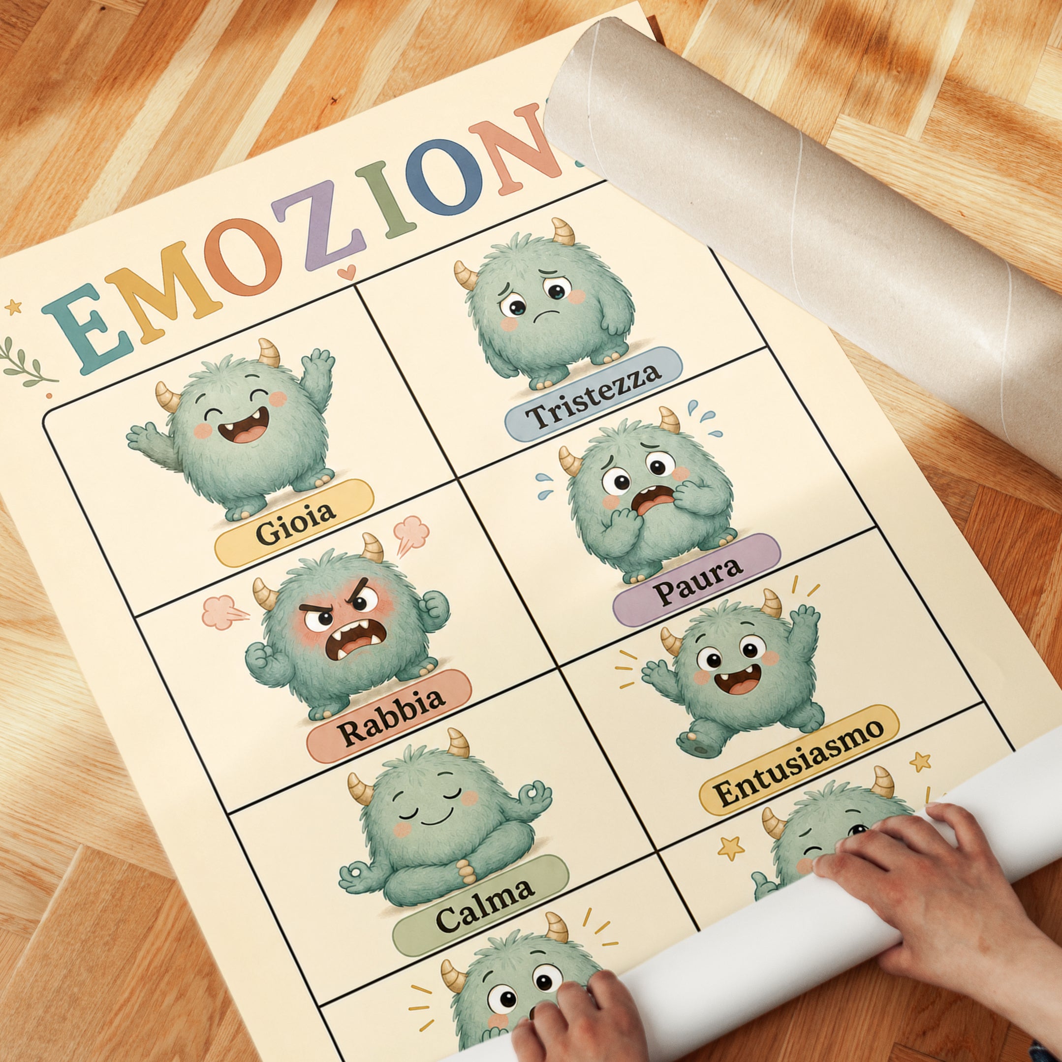 Italian Emotions Chart Print – Monster Illustrations for Kids Rooms - detail