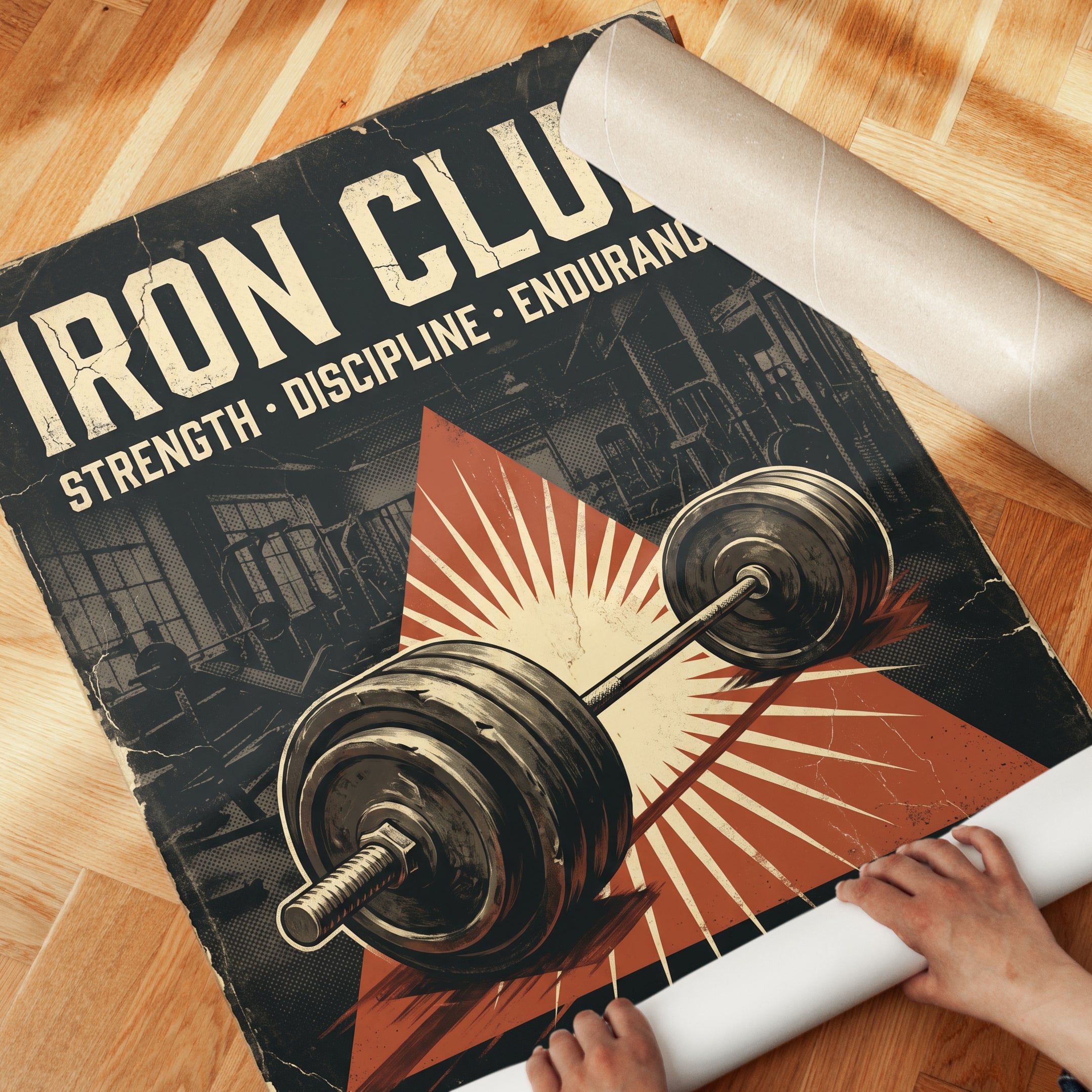 Vintage Gym Poster Print — Retro Iron Club Barbell - detail