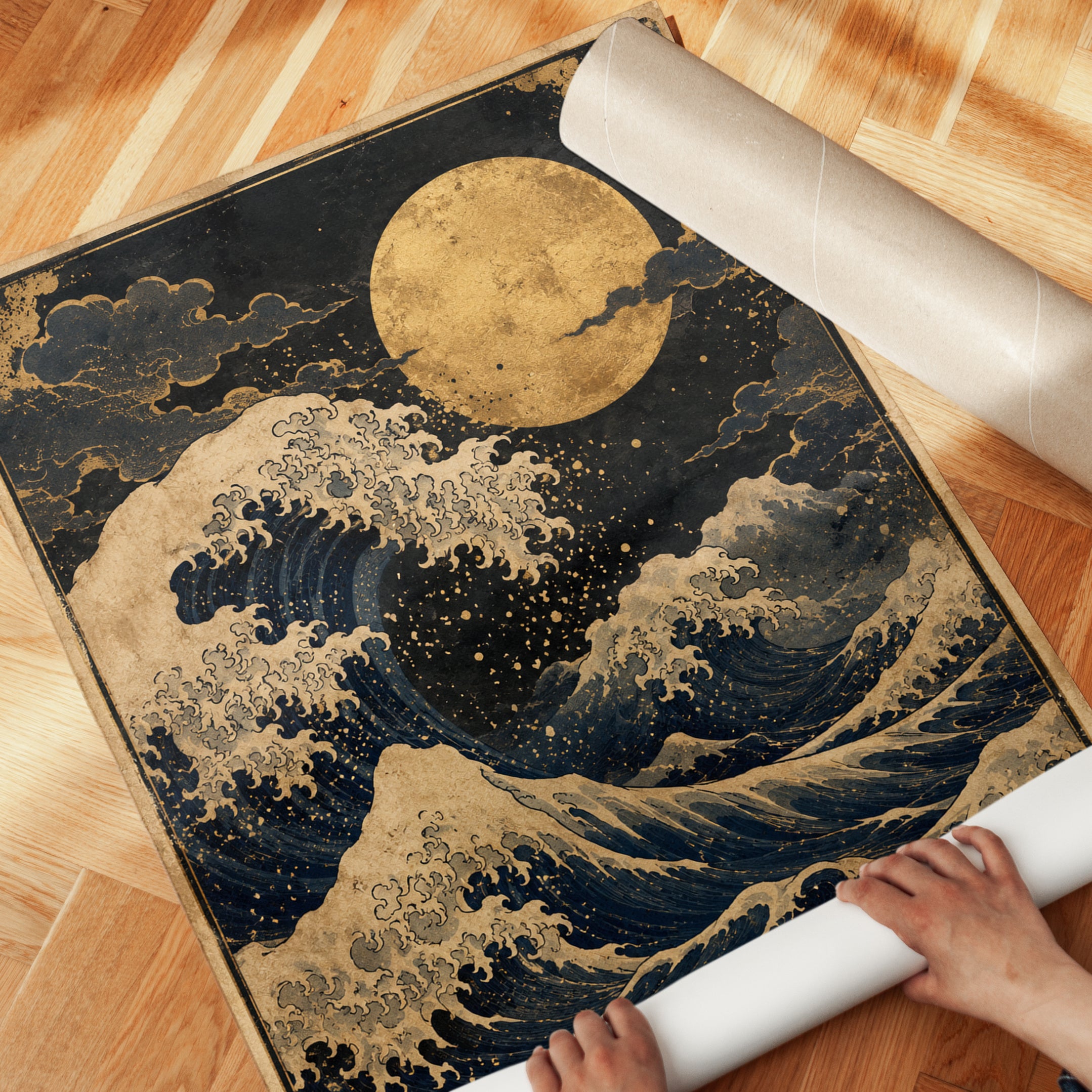 Japanese Wave Art Print: Gold & Navy Ocean Under Full Moon - detail