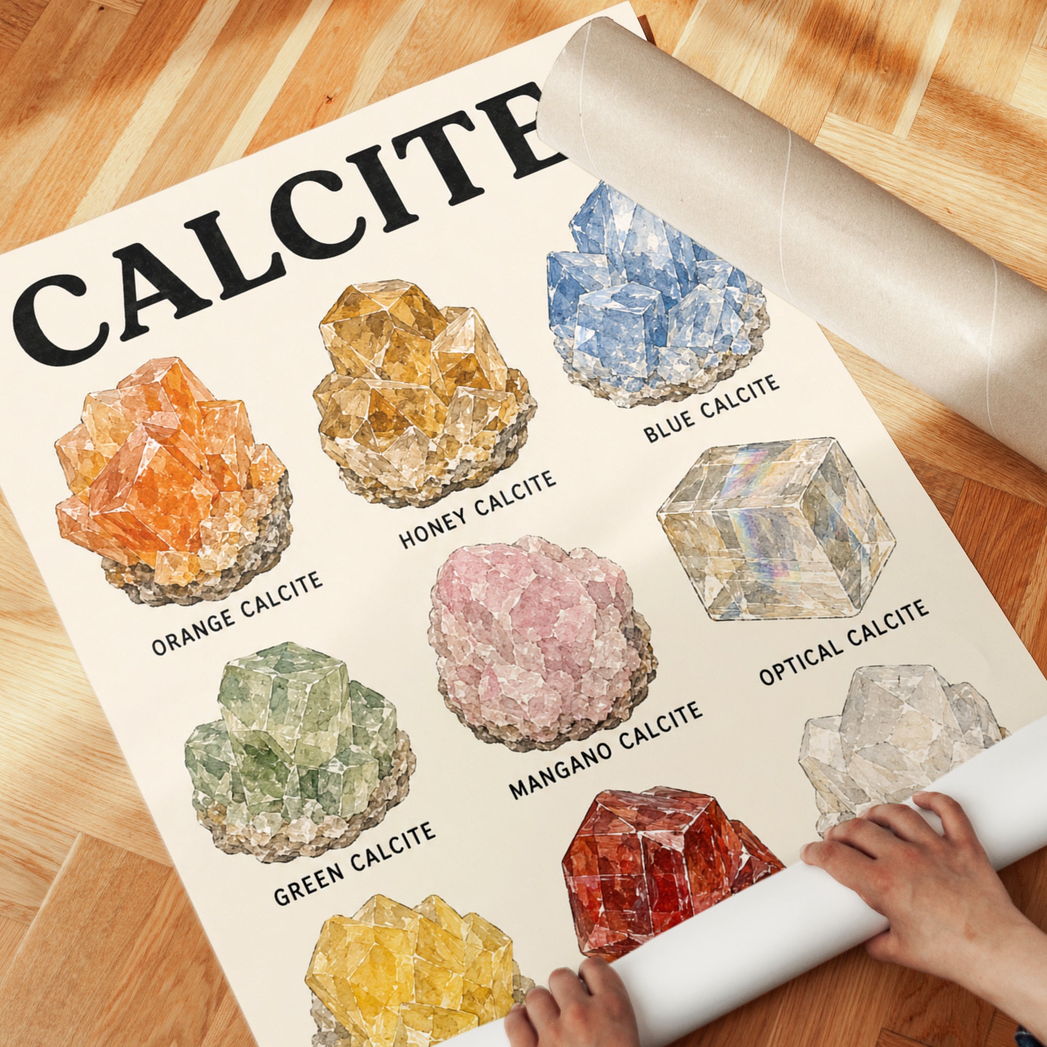 Calcite Mineral Chart Print — Watercolor Crystal Illustration - detail