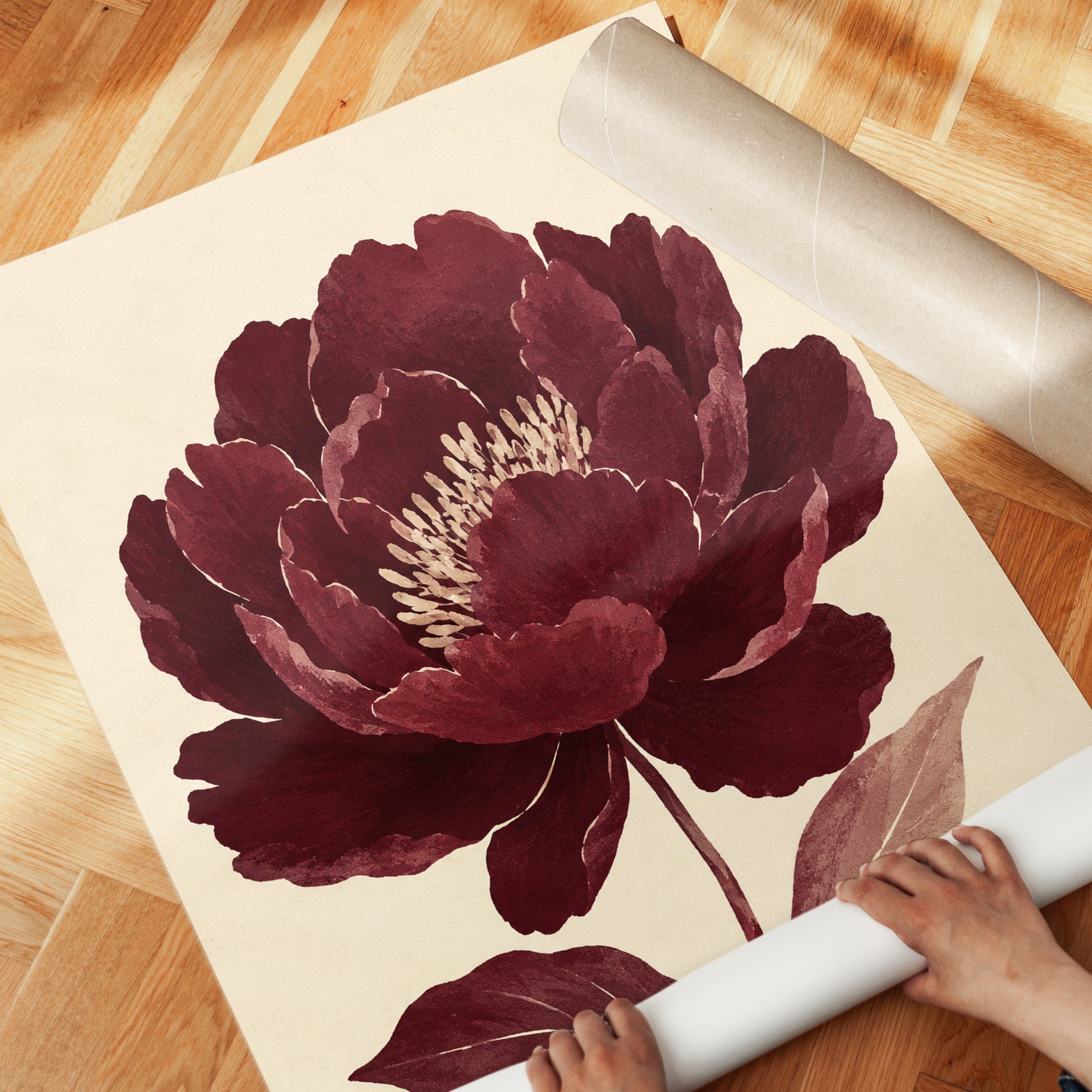 Burgundy Peony Wall Art – Vintage Botanical Print - detail