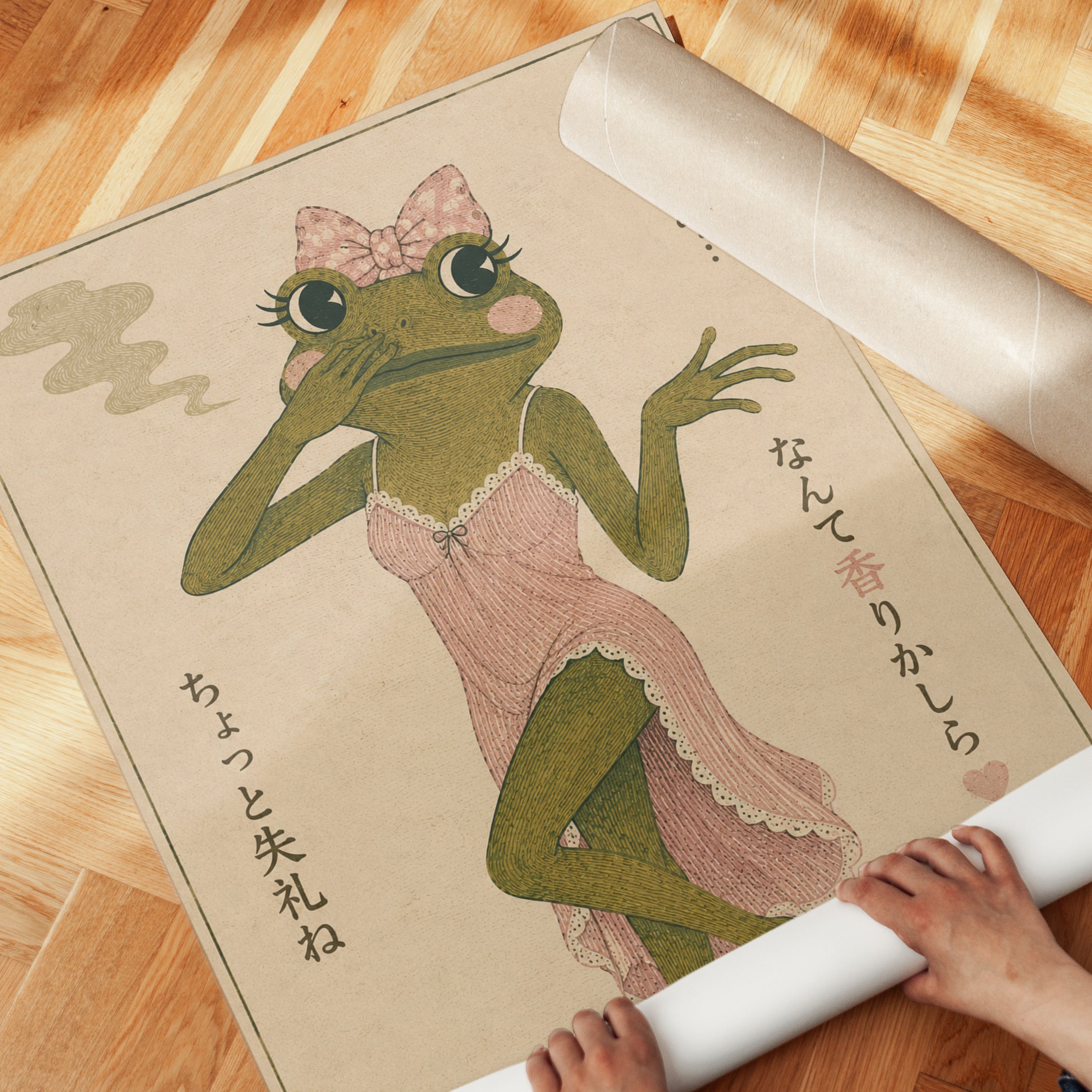 Japanese Frog Girl Print: Vintage Kawaii Illustration Art - detail