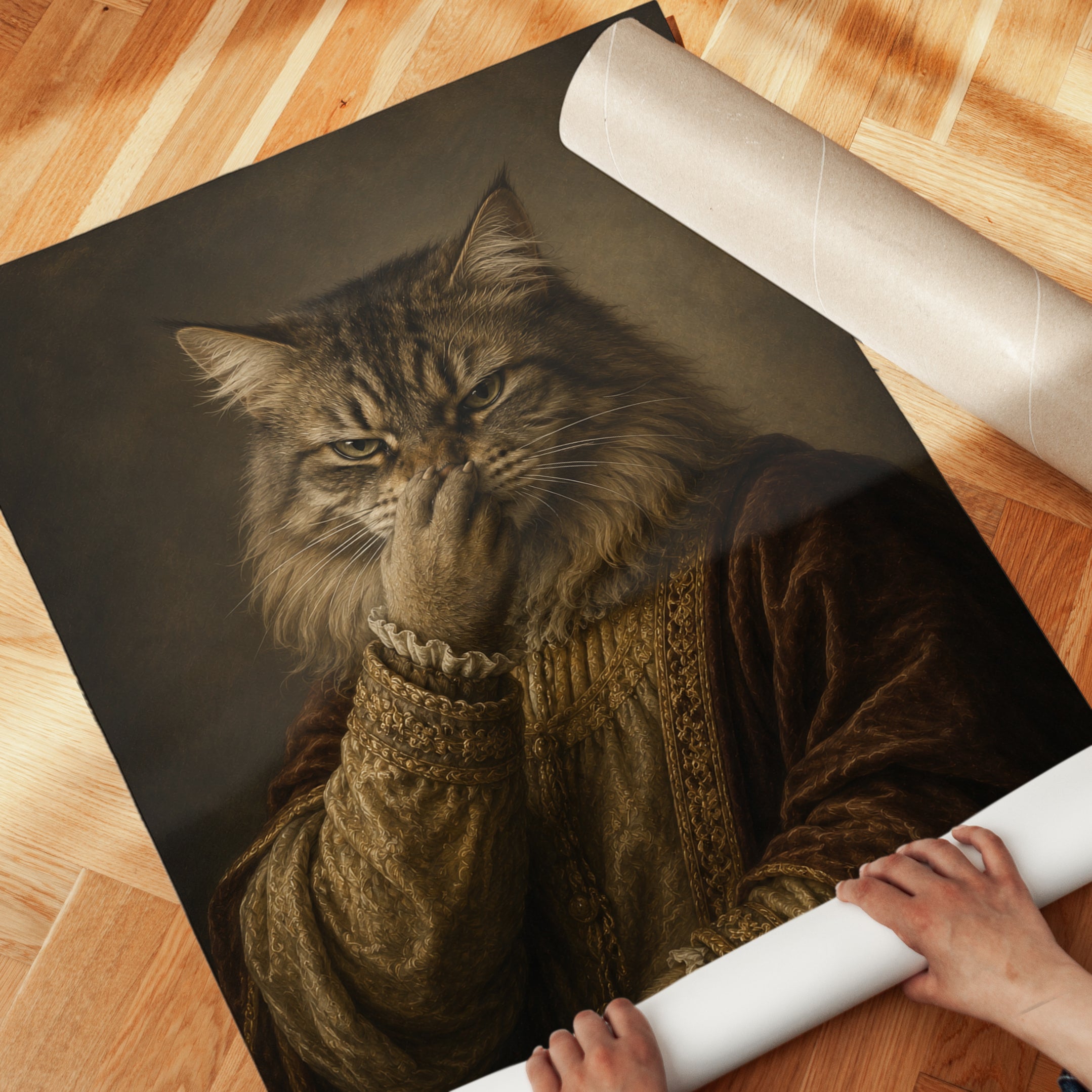 Funny Bathroom Poster Cat Portrait Art Print: Renaissance Attire - detail