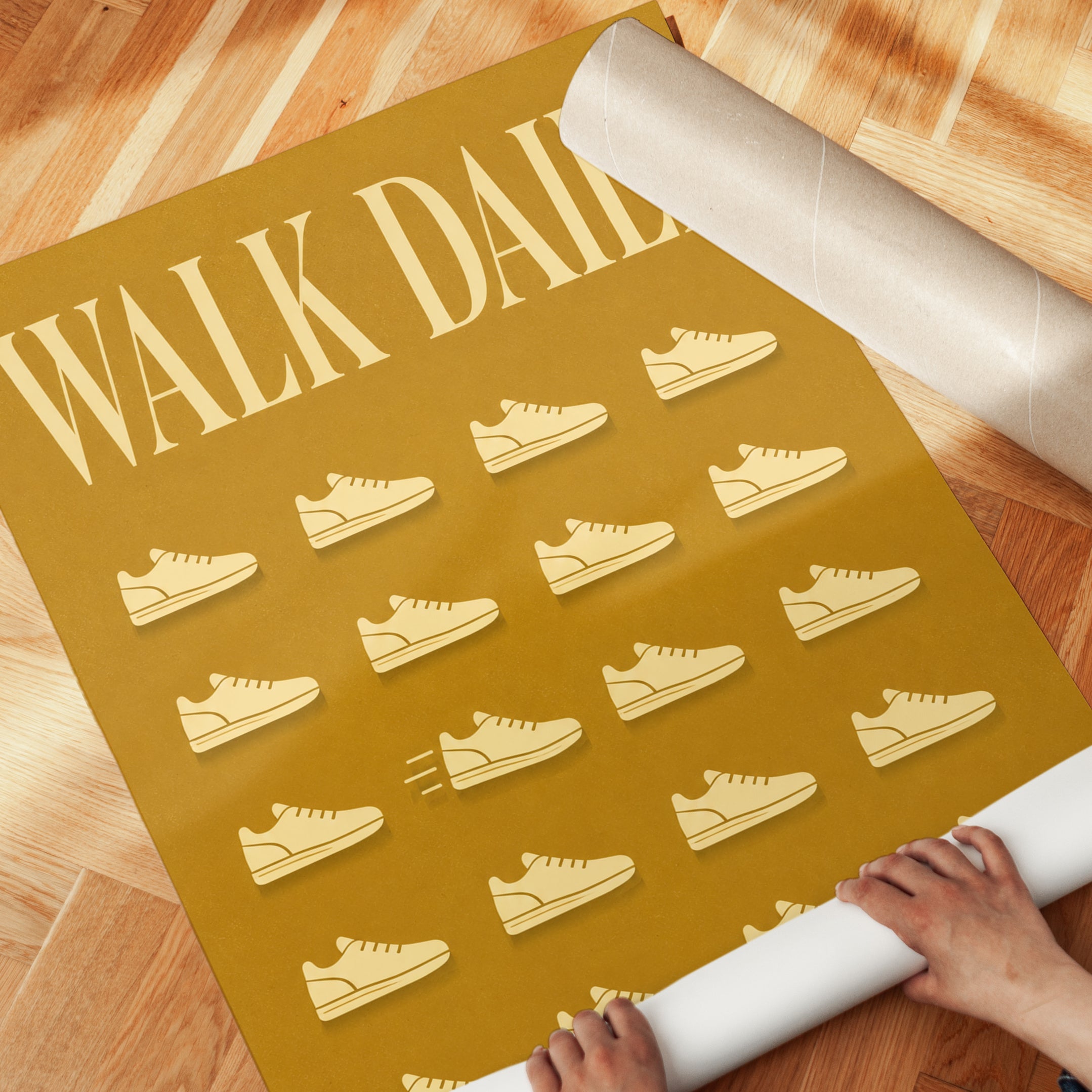Motivational Fitness Print: Retro Sneakers on Mustard Yellow - detail