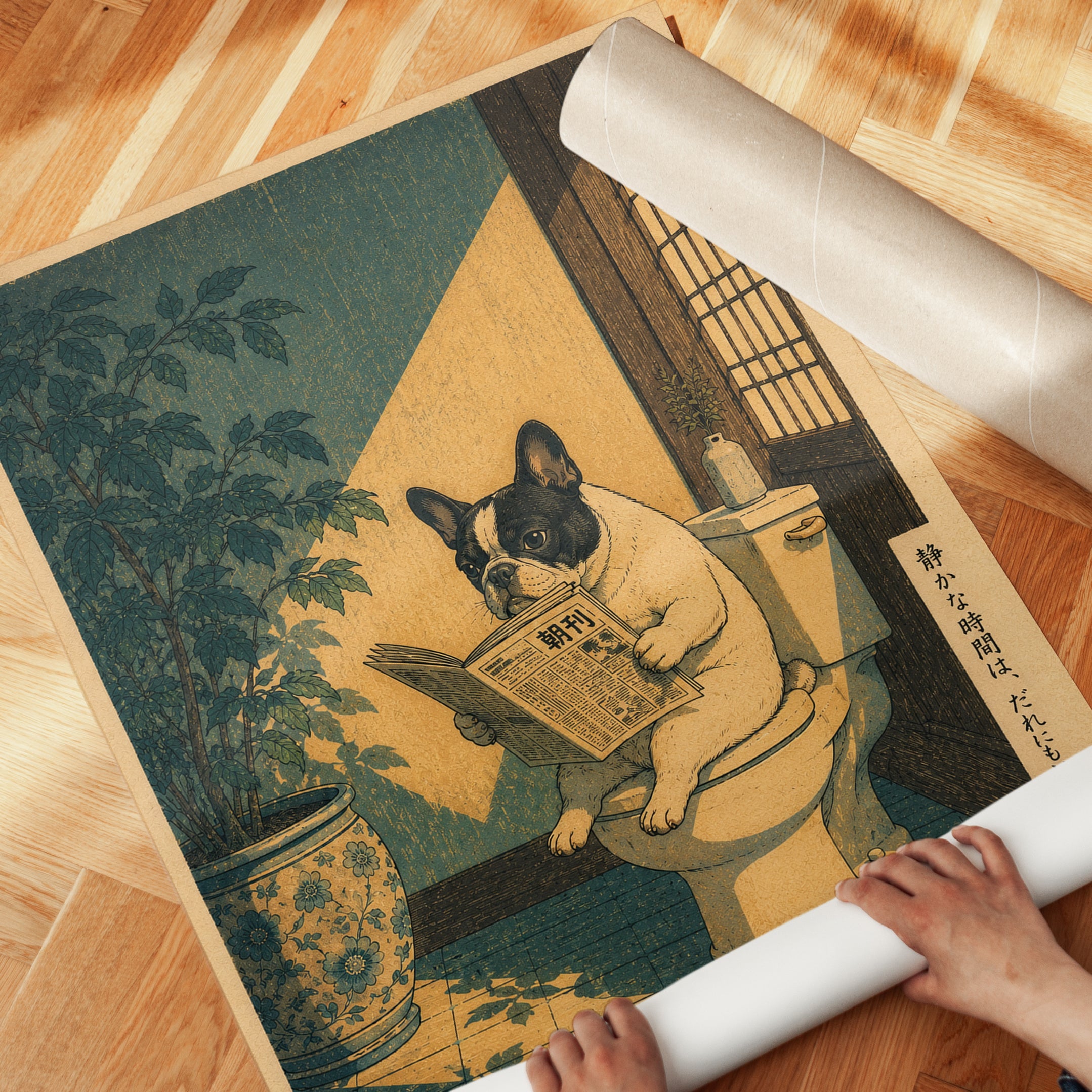 French Bulldog Reading Newspaper: Japanese Woodblock Style Print - detail