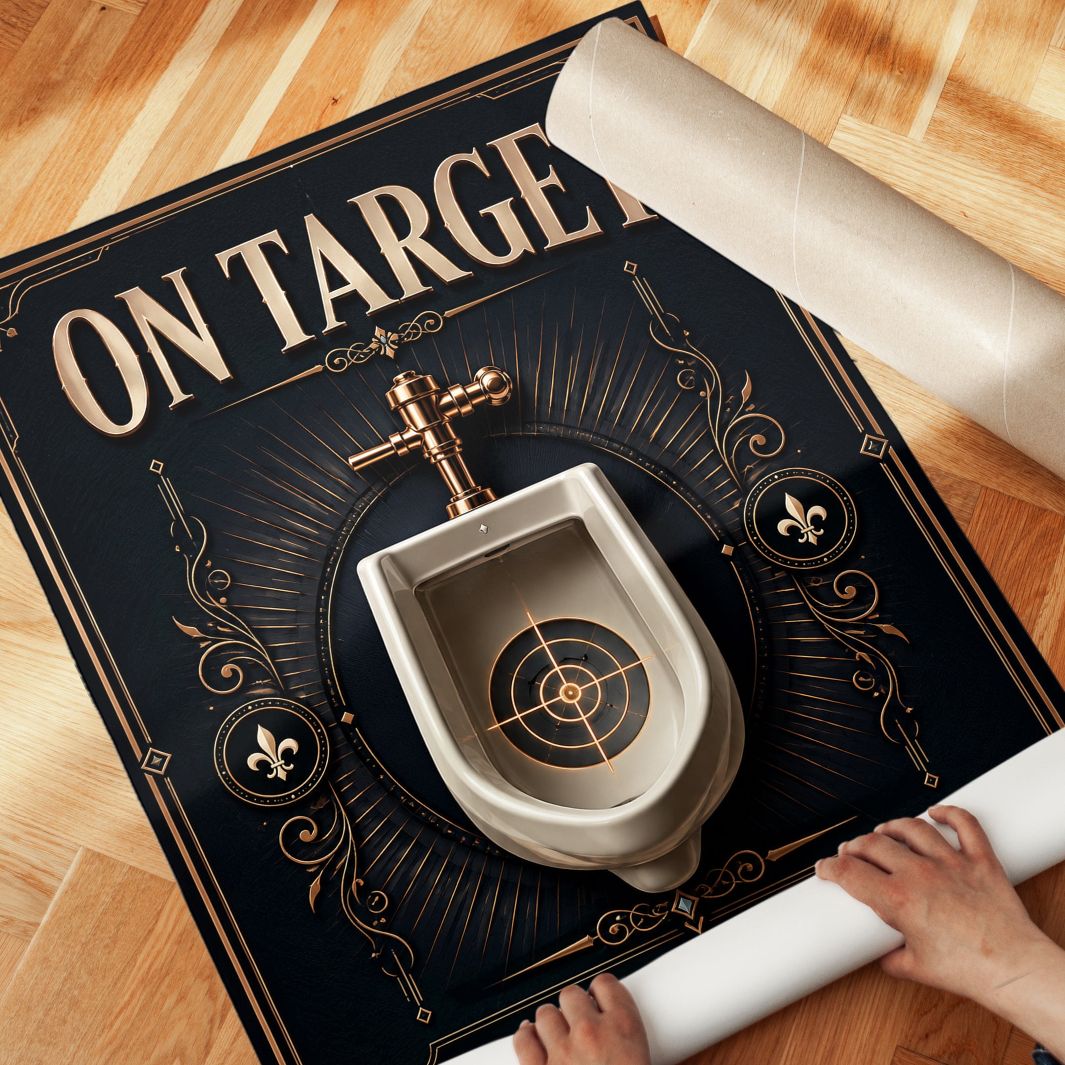 On Target Bathroom Wall Art: Art Deco Gold and Navy Humor Print - detail