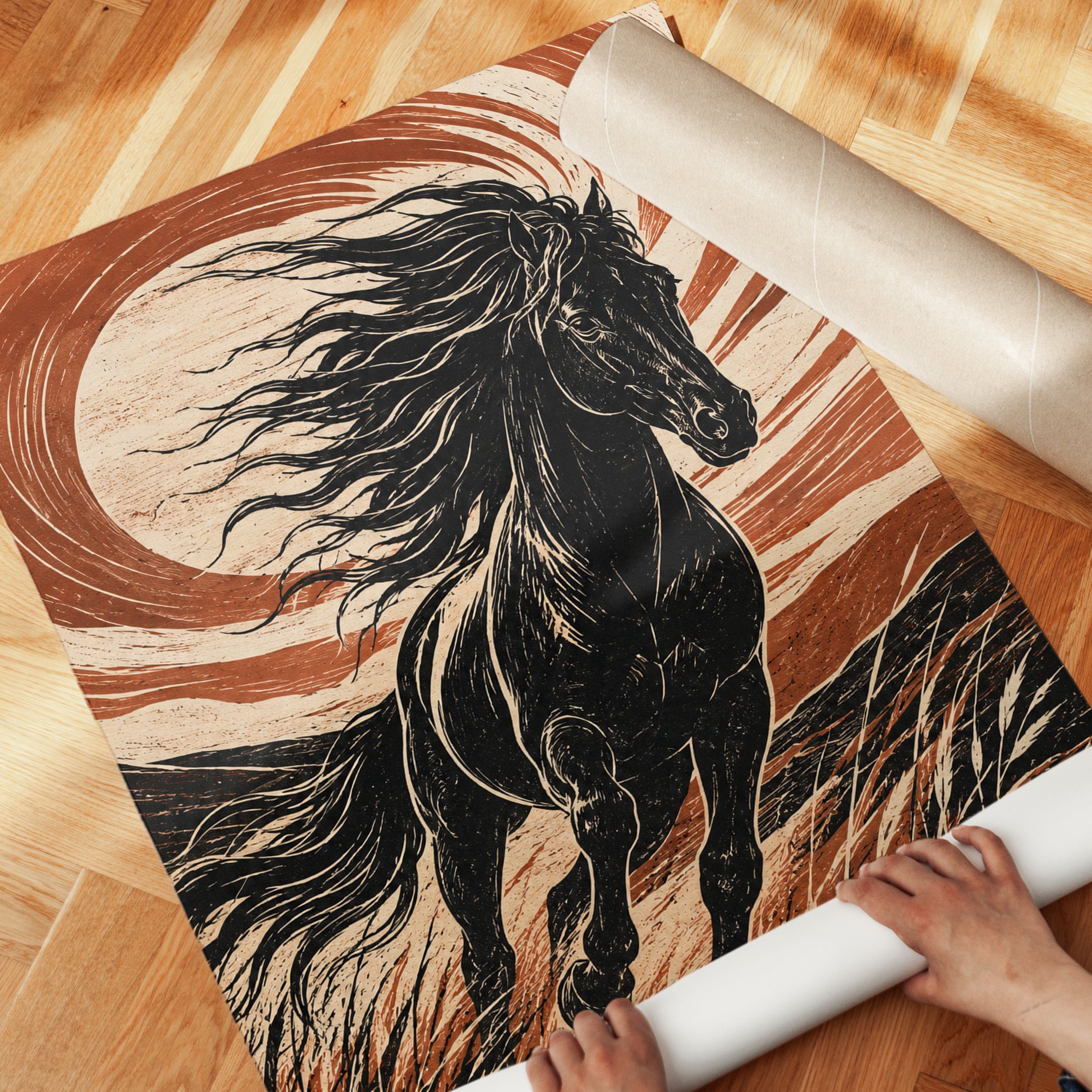 Black Horse Linocut Print – Bold Woodblock Style - detail