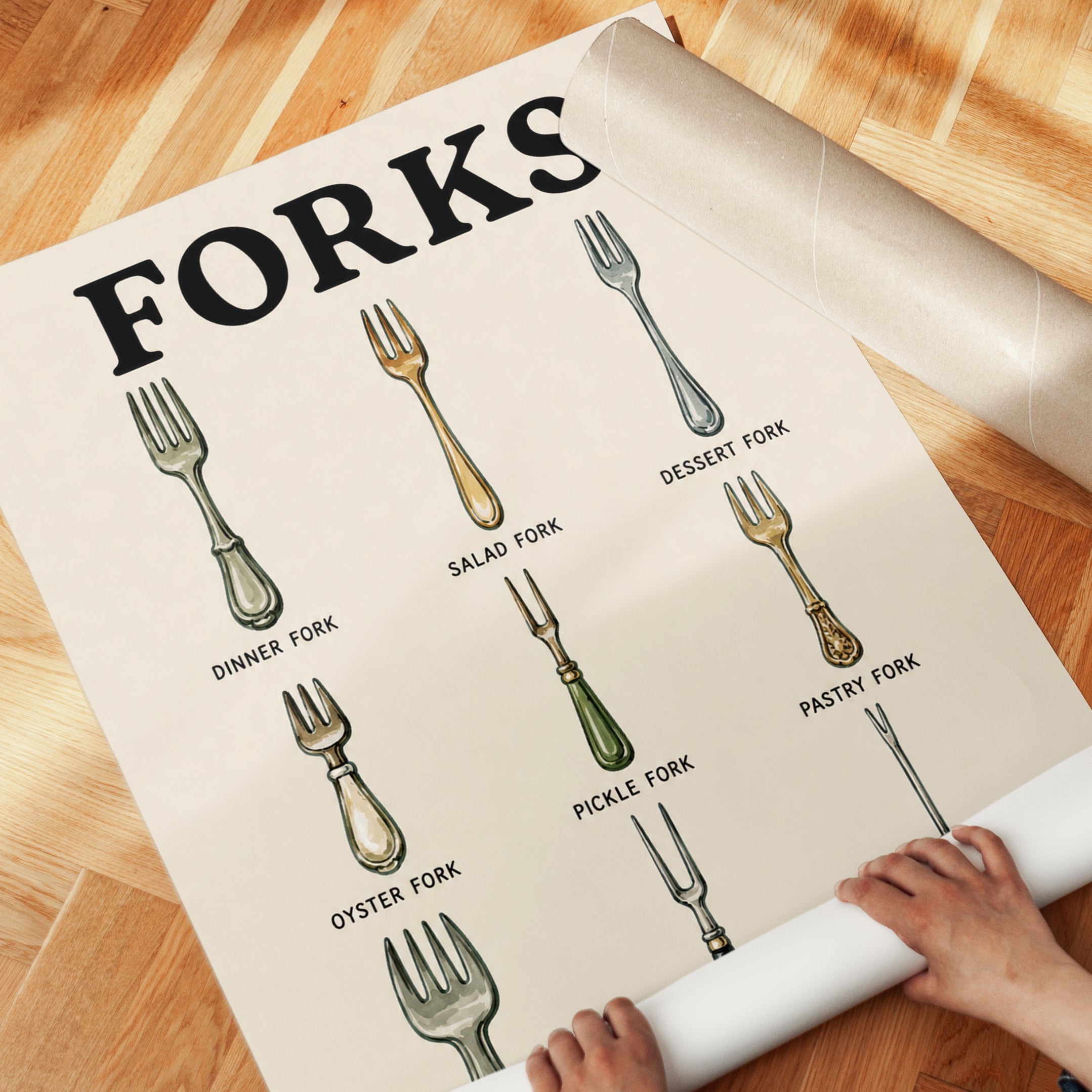 Fork Types Kitchen Print – Culinary Wall Art - detail
