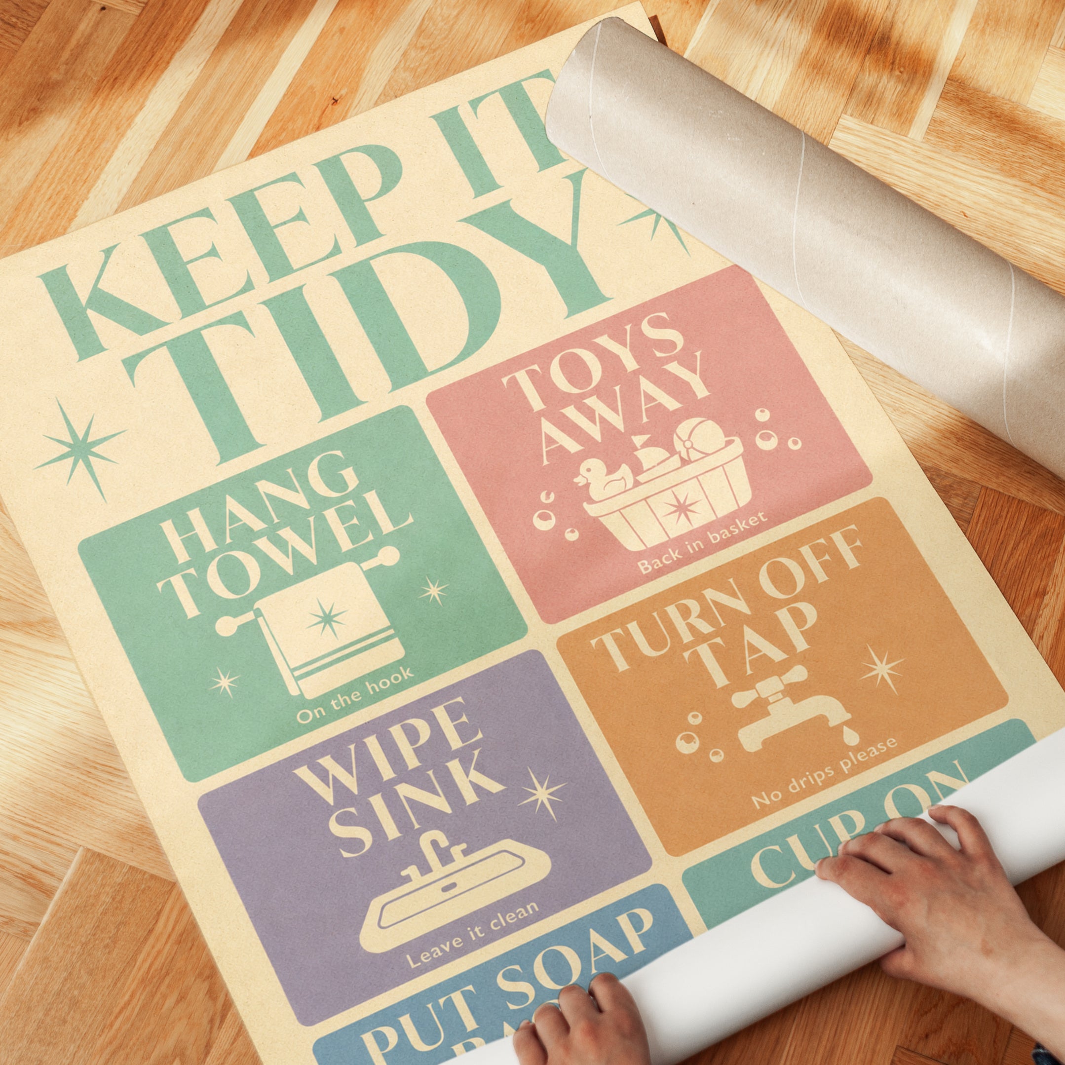 Retro Bathroom Rules Print: Kids Wall Art with Fun Reminders - detail