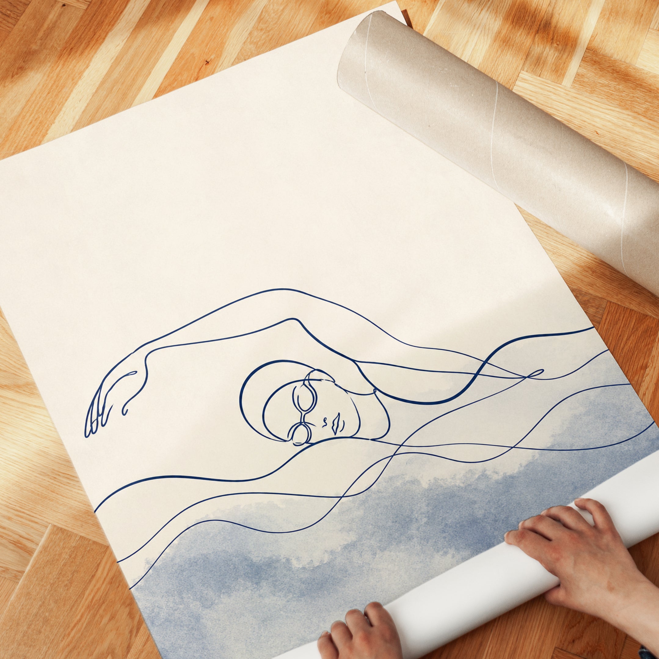 Flowing Figure Line Art Print: Minimalist Blue Watercolor Abstract - detail