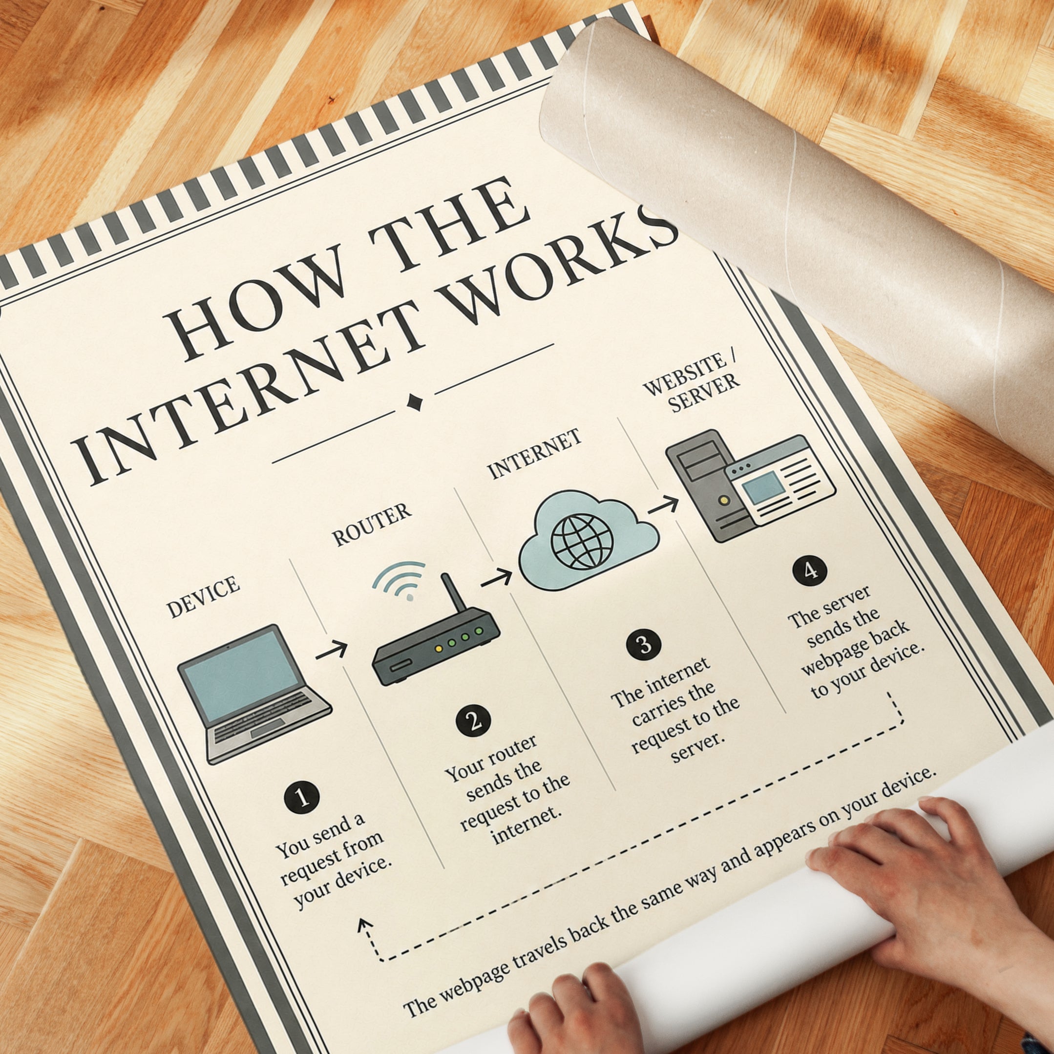 How the Internet Works Infographic Poster: Vintage Educational Wall Ar - detail
