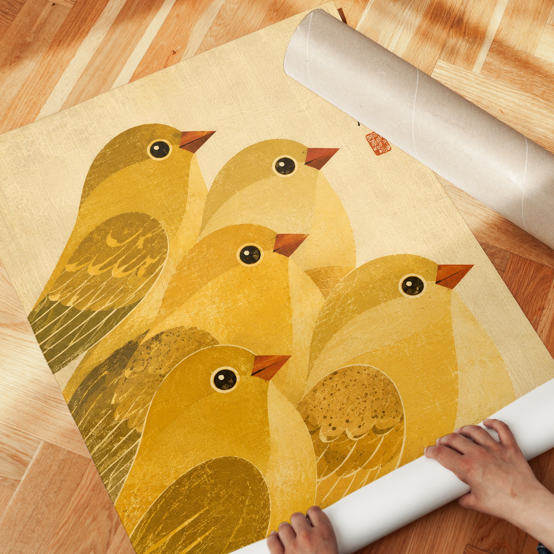 Japanese Bird Art Print — Vintage-Inspired Gold Yellow Birds - detail