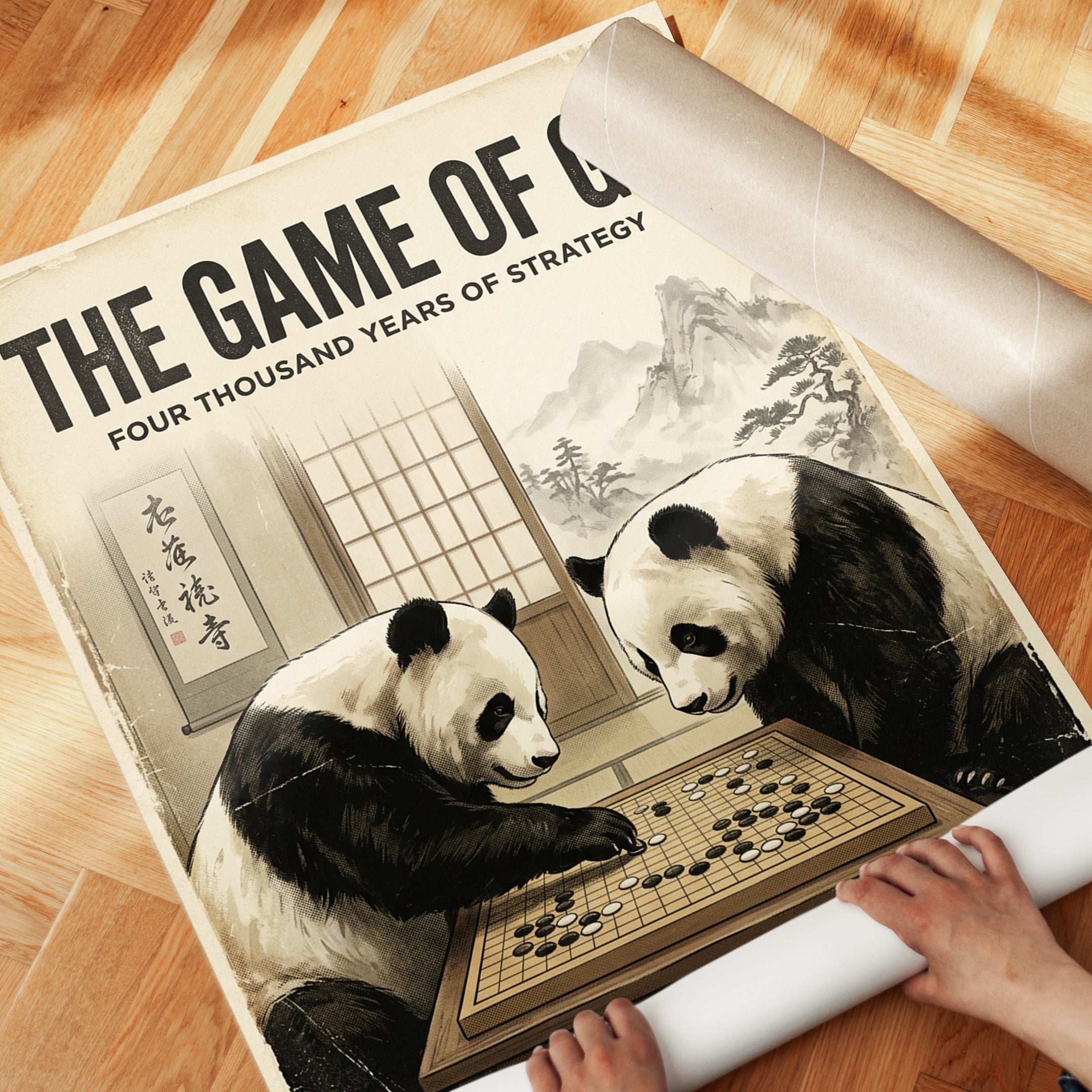 Pandas Playing Go Poster: Vintage Japanese Style Wall Art - detail