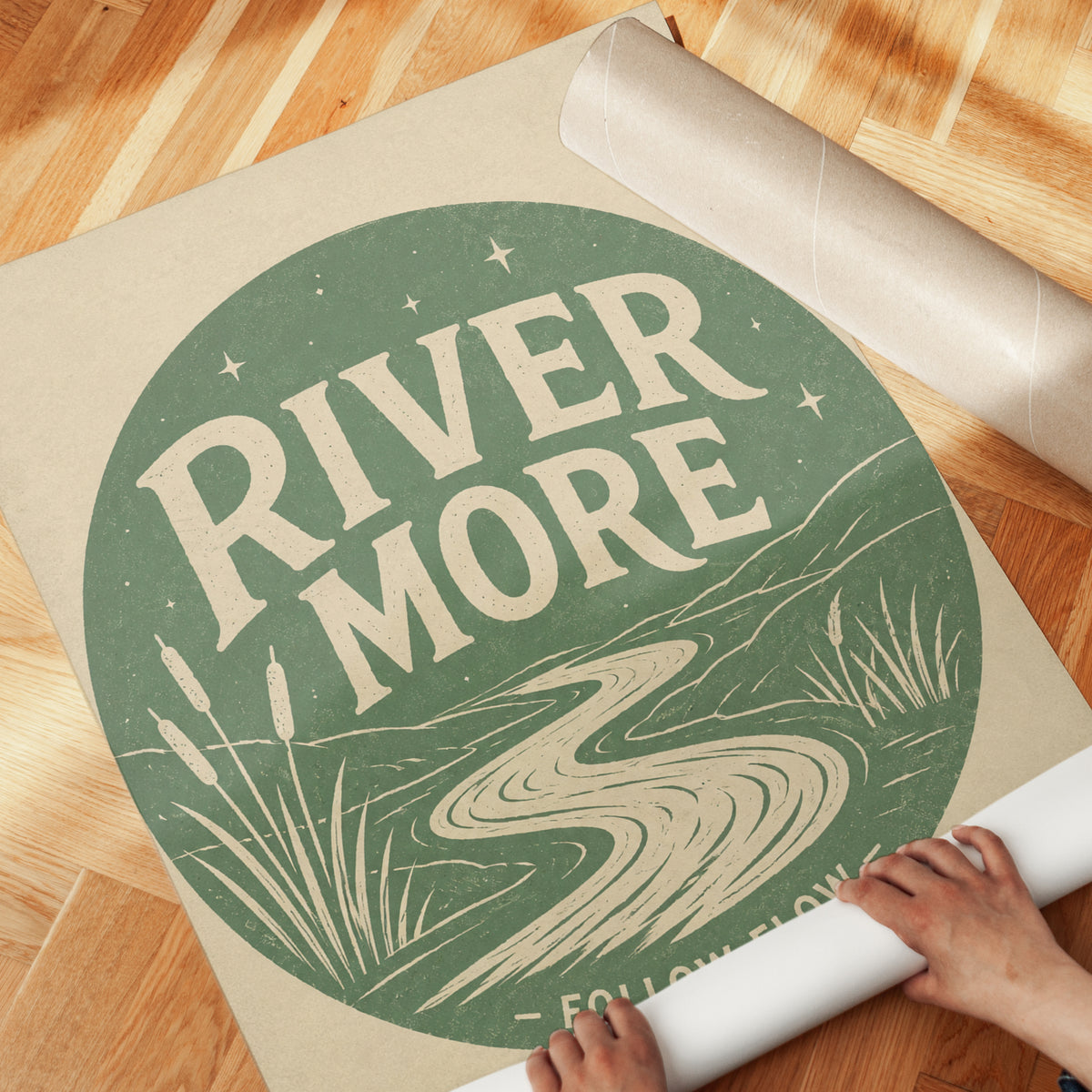 River More Retro Print: Vintage Green Nature Typography Art - detail