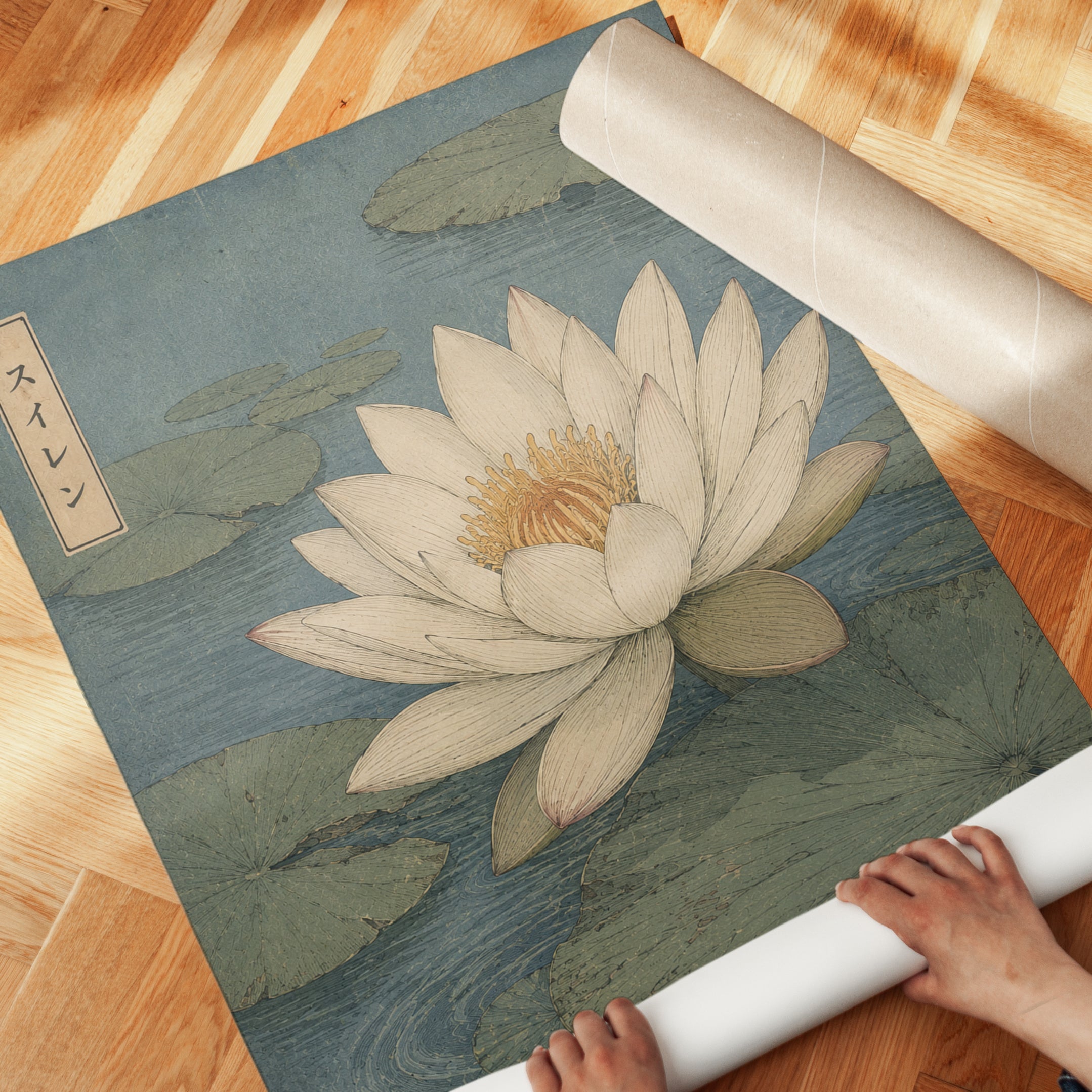 Japanese Lotus Print — Vintage Botanical Woodblock Style - detail