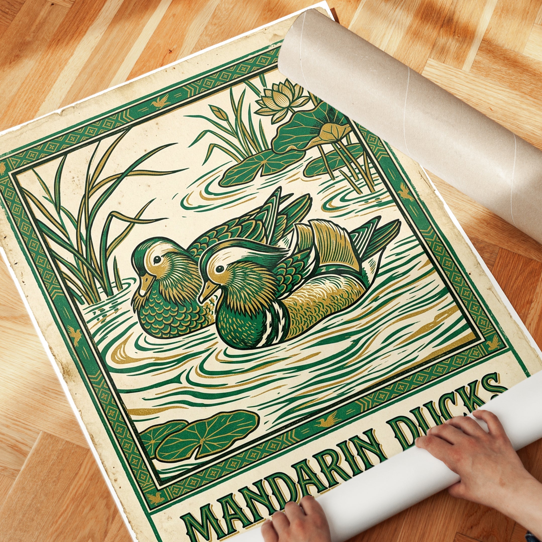 Mandarin Ducks Japanese Woodblock Print — Vintage Oriental Art - detail