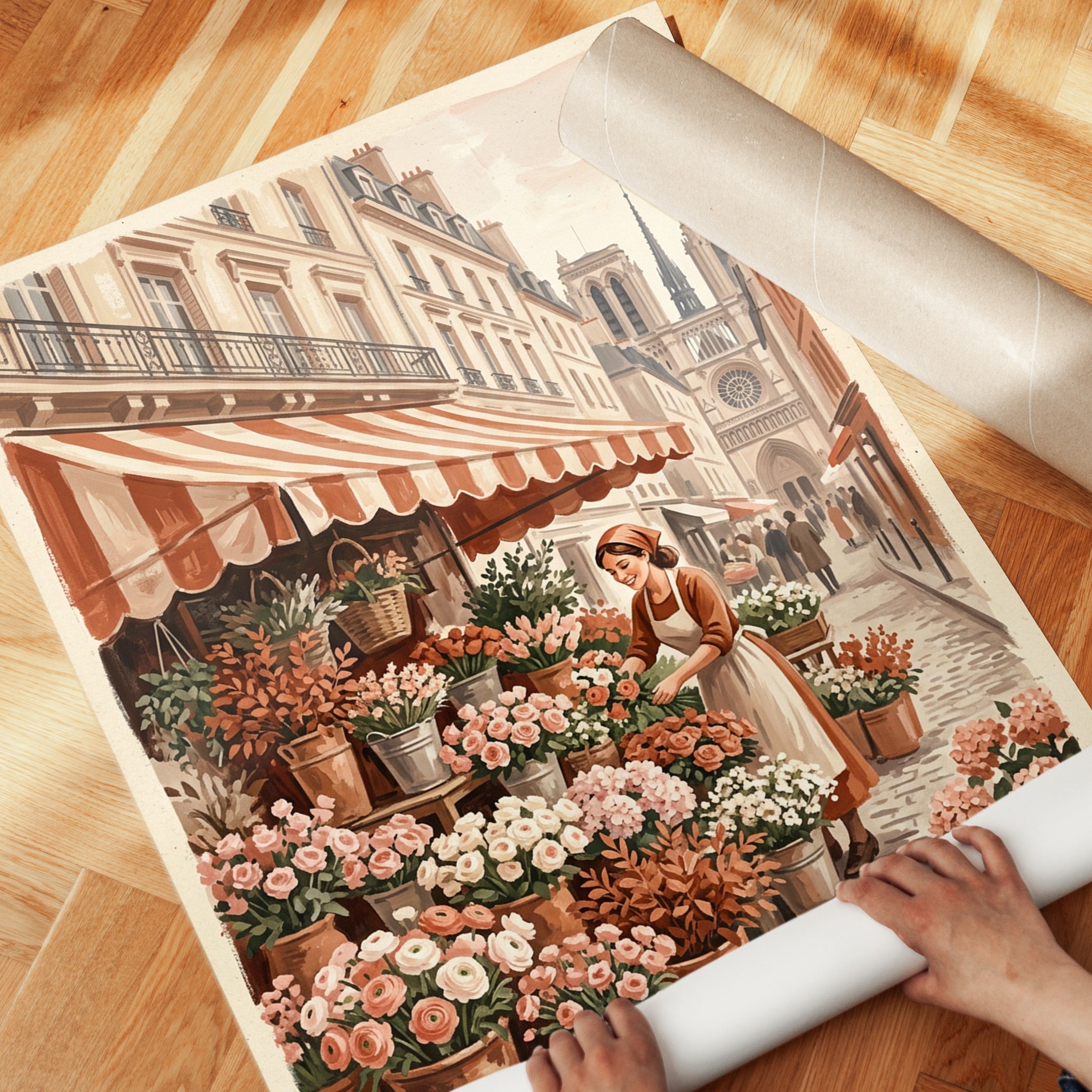 Parisian Flower Market Wall Art: Vintage European Street Scene - detail